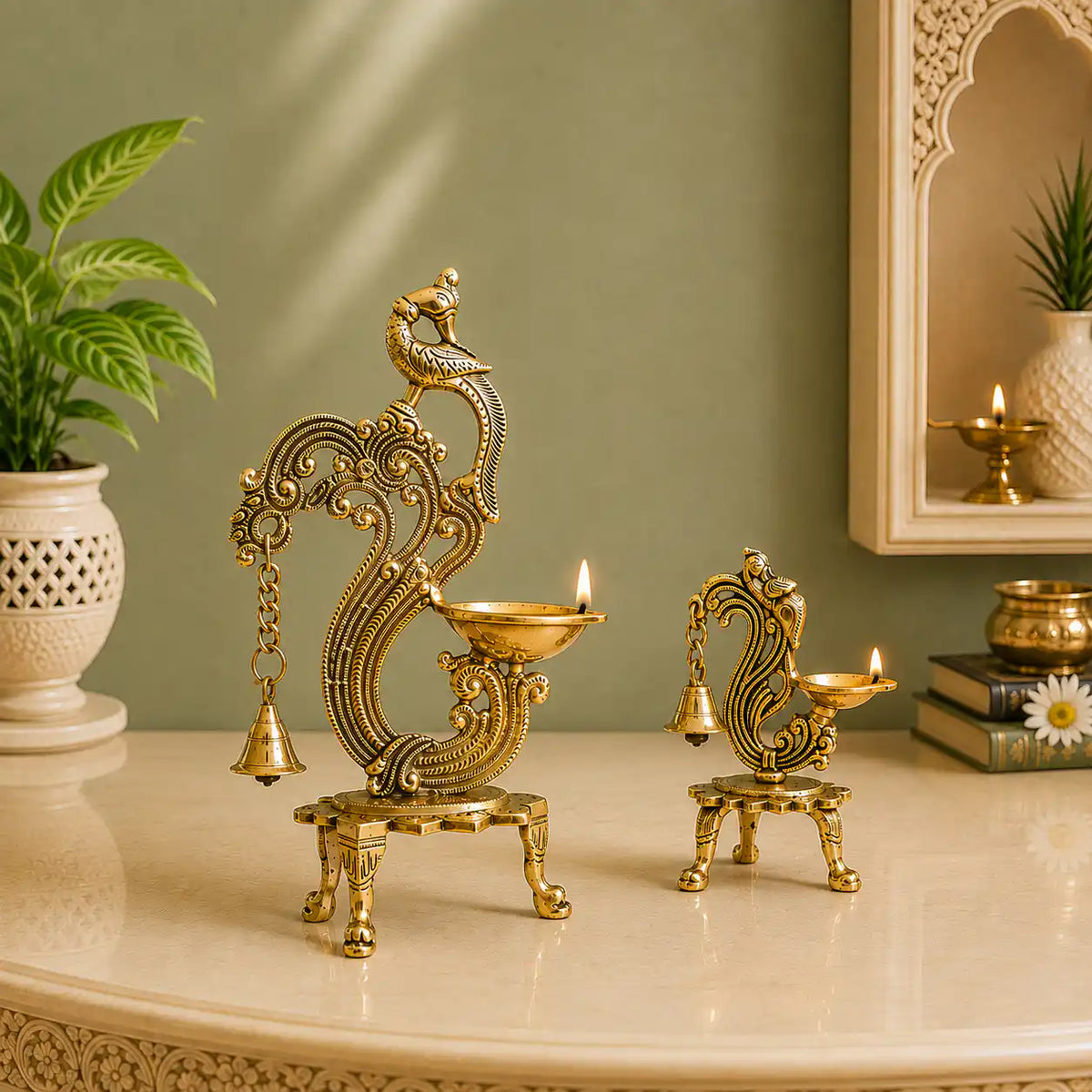 Brass Ethnic Peacock Diya Lamp With Hanging bell Vedansh Craft