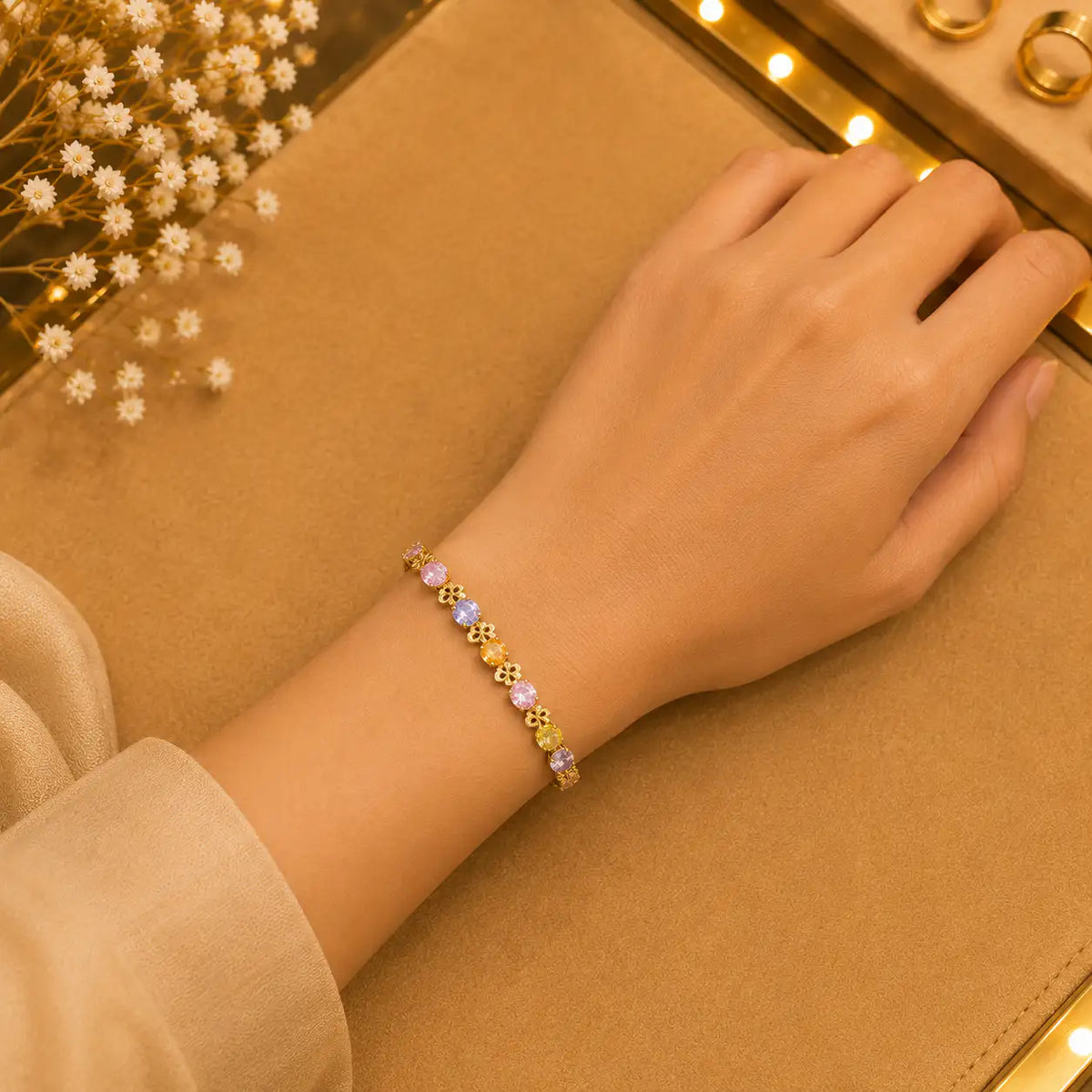 Geometric Tennis Bracelet for Women | Split Leaf & Oval CZ Design Vedansh Craft
