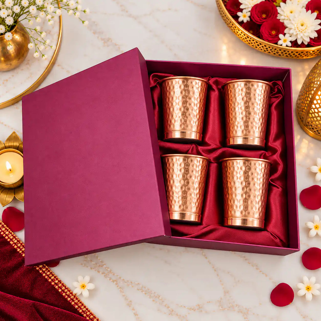 Copper Glass Set of Four With Gift Box/Hamper (3.5 Inch) Vedansh Craft