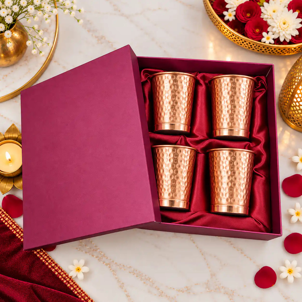 Copper Glass Set of Four With Gift Box/Hamper (3.5 Inch) Vedansh Craft