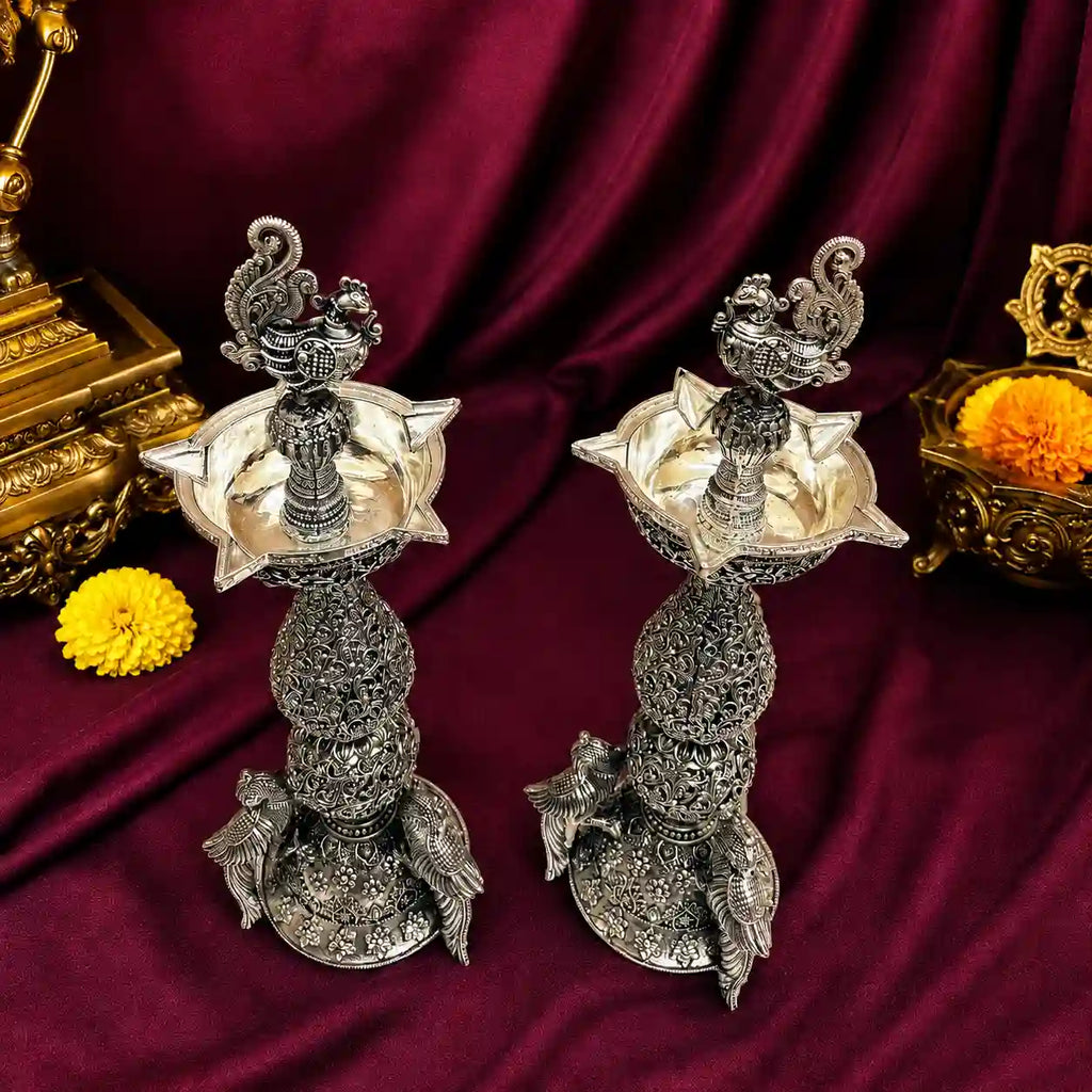Brass Silver Plated Lightweight Peacock Samai/Lamp Pair Vedansh Craft