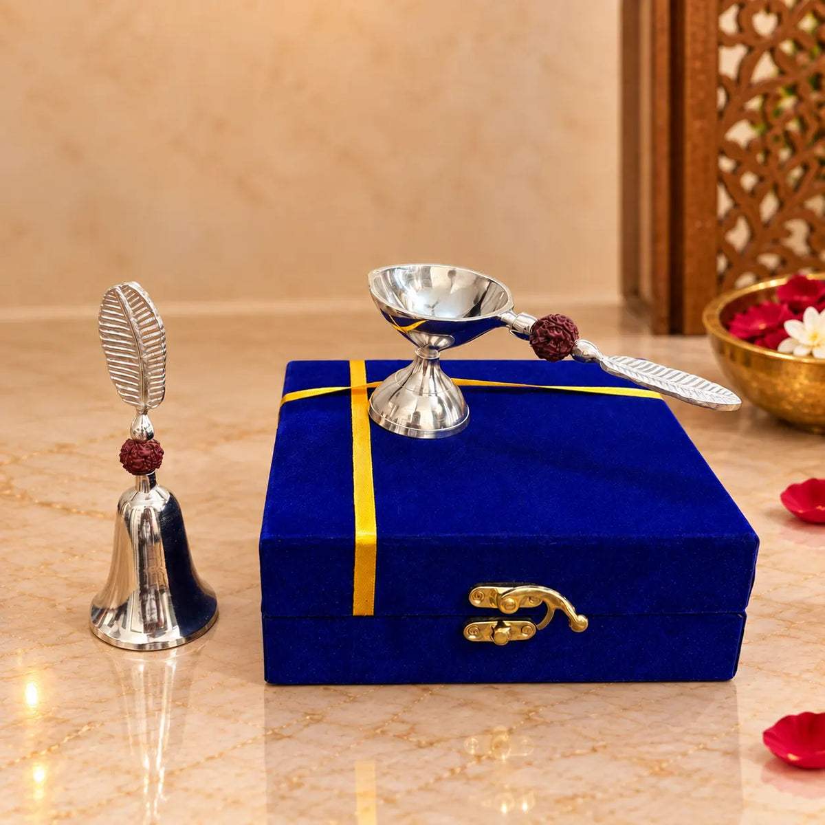 Brass Silver Plated Rudraksh Handbell and Aarti Diya Set With Velvet box Vedansh Craft