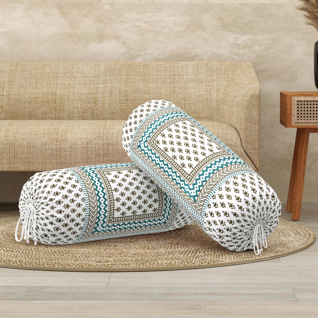 BLOCKS OF INDIA Cotton Hand Block Printed Bolster Cover | Booster Cover with Drawstring | Round Long Pillow Cover for Bed | Dewan Pillow Cover Set 16 X 32 | Set of 2 (Green BUTI)
