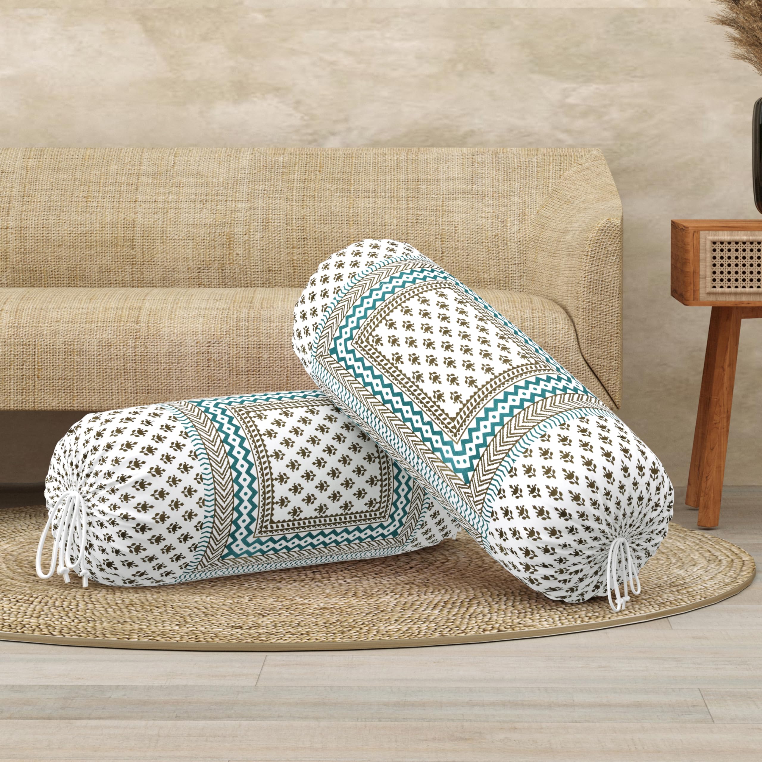 BLOCKS OF INDIA Cotton Hand Block Printed Bolster Cover | Booster Cover with Drawstring | Round Long Pillow Cover for Bed | Dewan Pillow Cover Set 16 X 32 | Set of 2 (Green BUTI)