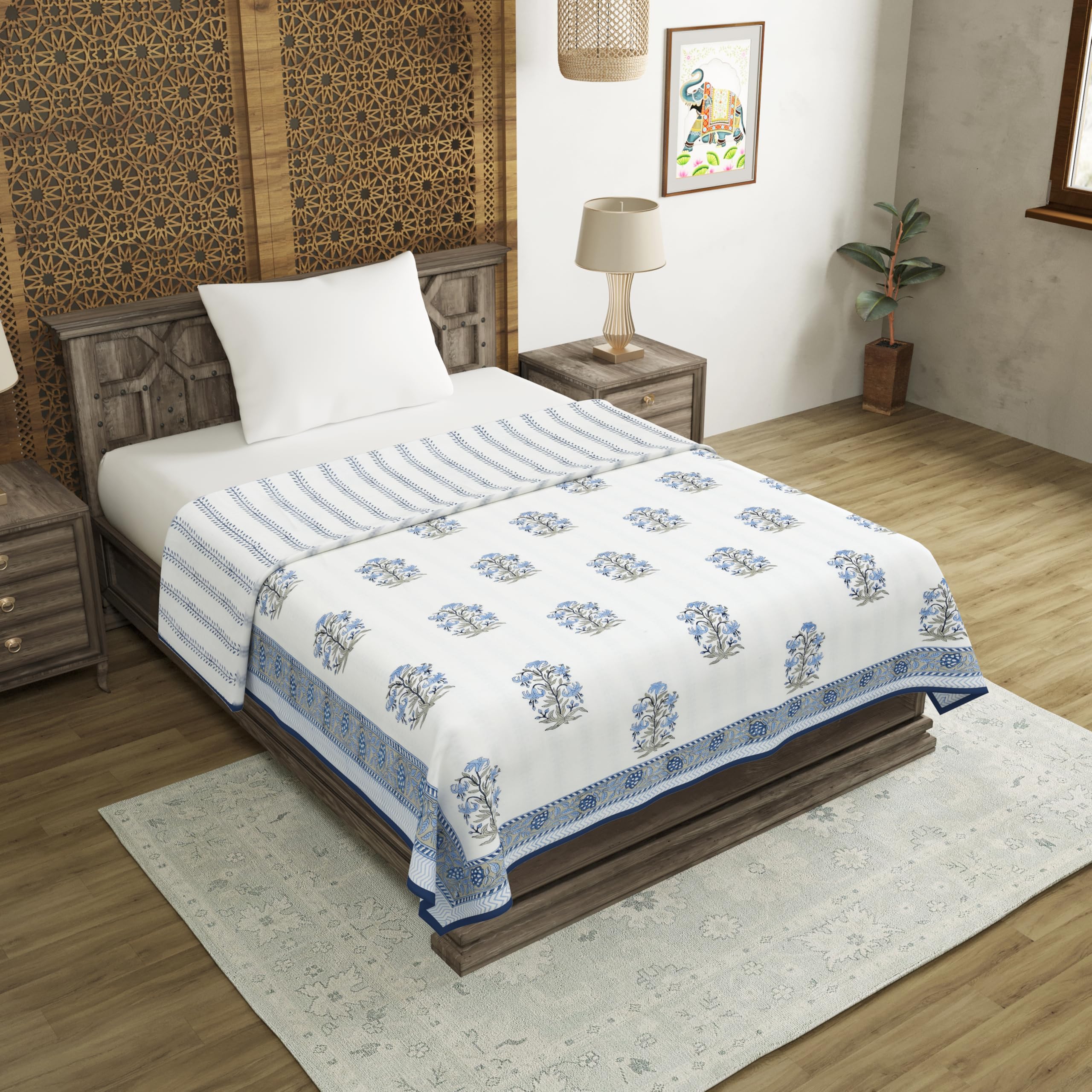 BLOCKS OF INDIA Hand Block Printed Cotton Single Size Reversible Malmal Dohar for Summer (Blue Lily LINE) Kafalo