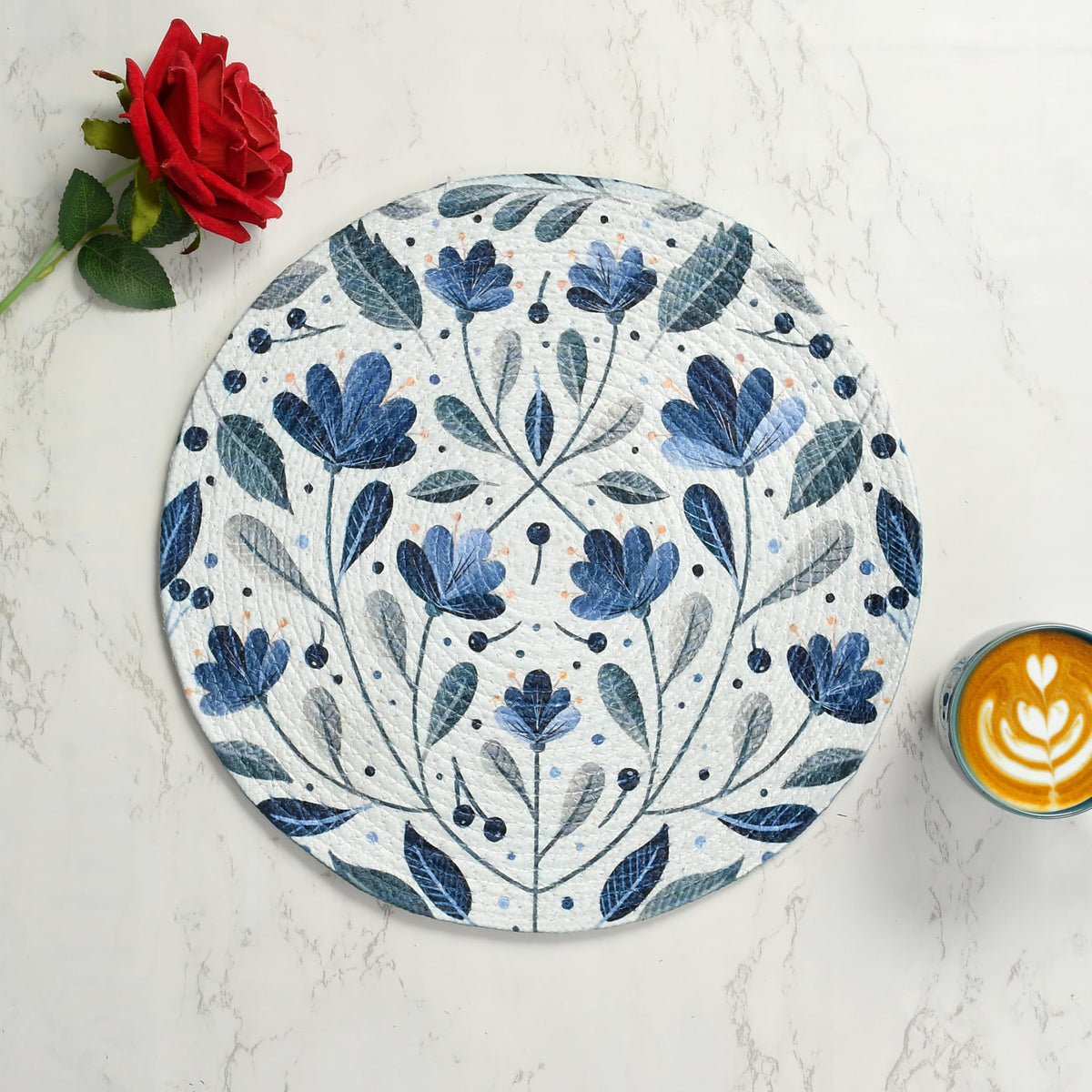 LaVichitra Cotton Table Placemat | Dining Table Mat | Bed Side Table Mat | Cotton Round Shape Placemats | Washable PlaceMat for Shelves & Plant Pots - Pack of 1, Botanical Print Kafalo