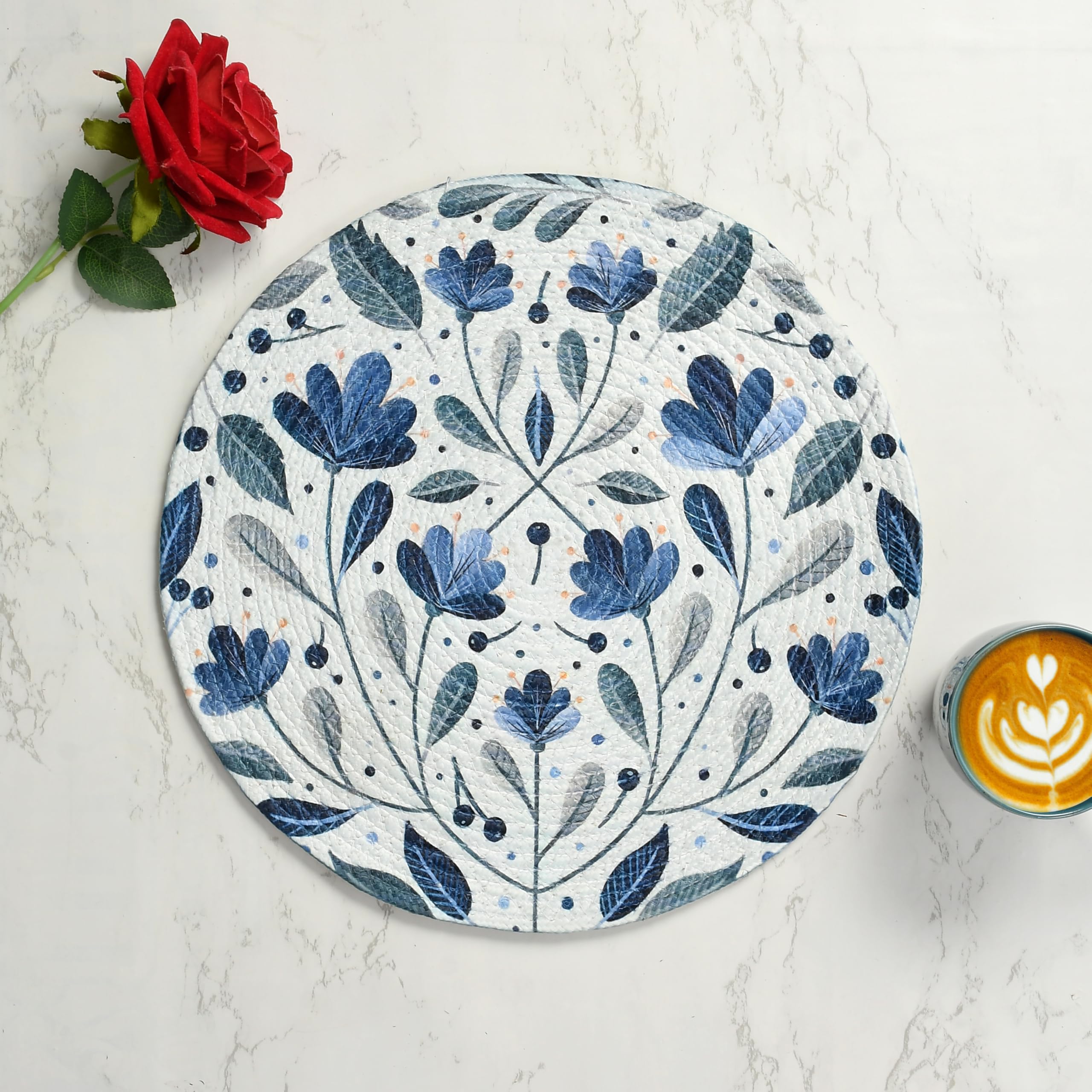 LaVichitra Cotton Table Placemat | Dining Table Mat | Bed Side Table Mat | Cotton Round Shape Placemats | Washable PlaceMat for Shelves & Plant Pots - Pack of 4, Botanical Print Kafalo