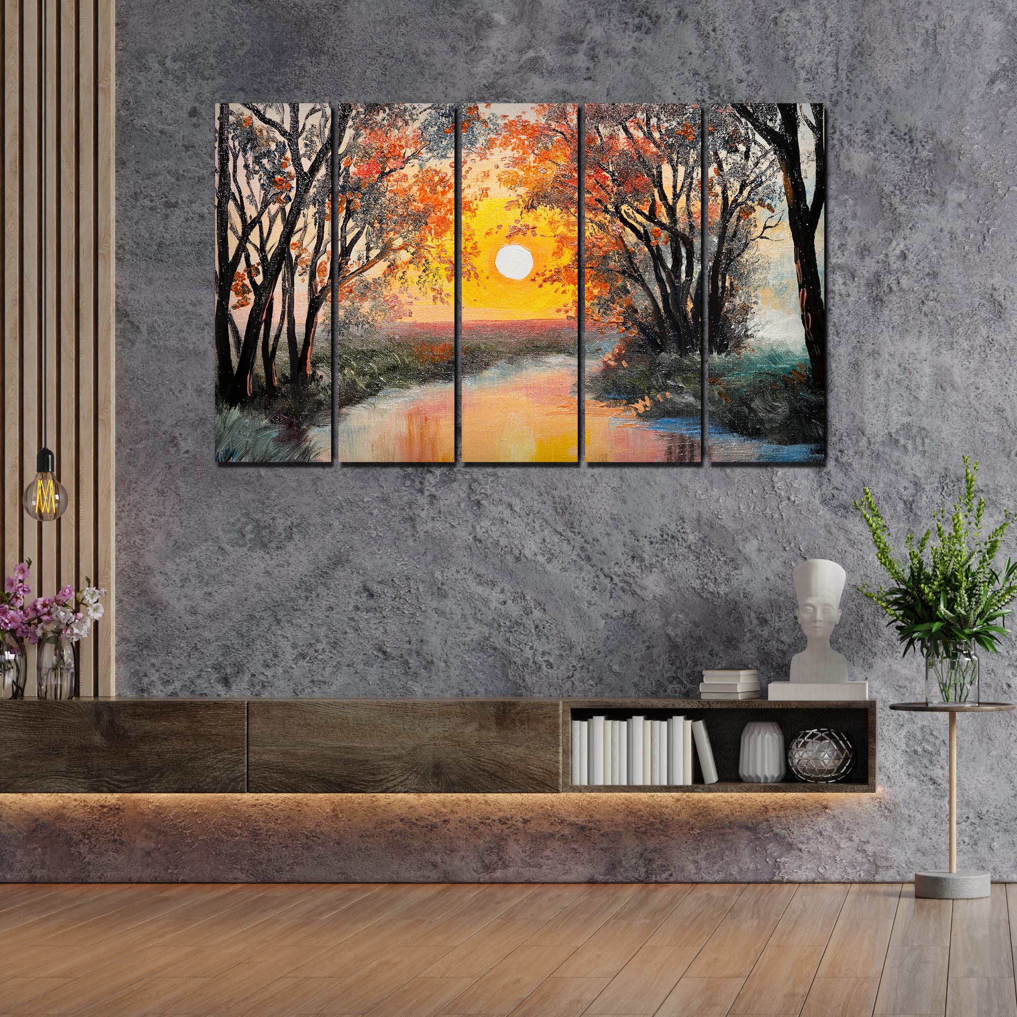 VIBECRAFTS Forest Sunset 5 Pieces Canvas Wall Painting For Home | Office | Living Room | Gift (PTVC5Pcs4_8511N)
