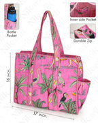 NIKAVIK Quilted Cotton Tote bag – Exotic Animal Print Foldable and Ideal for Travel Shopping Beach Trips or Daily Essentials (Light Pink)