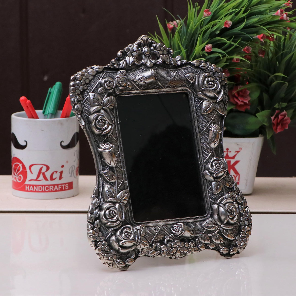KridayKraft Aluminium Rose Flower Photo Frame with Silver-Plated Design Useful for Boys and Girls Home Decor, Wall Decor, Gifting and Showpiece (Silver, 24X19 CM)
