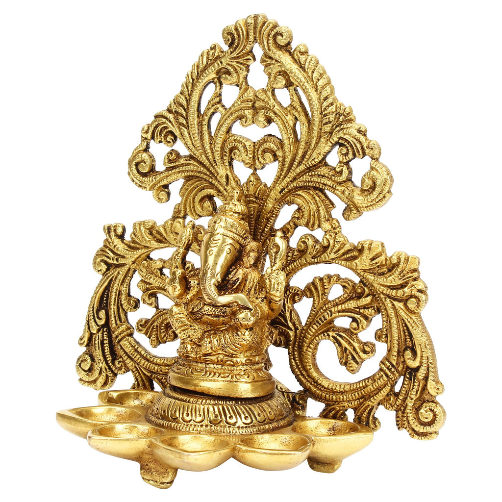 Svarup Brass Ganesha 5 Wicks Diya Wall Hanging Diya Lord Ganesh Oil Lamp Deepak Showpiece Decor Gift Diwali 6.5 Inch