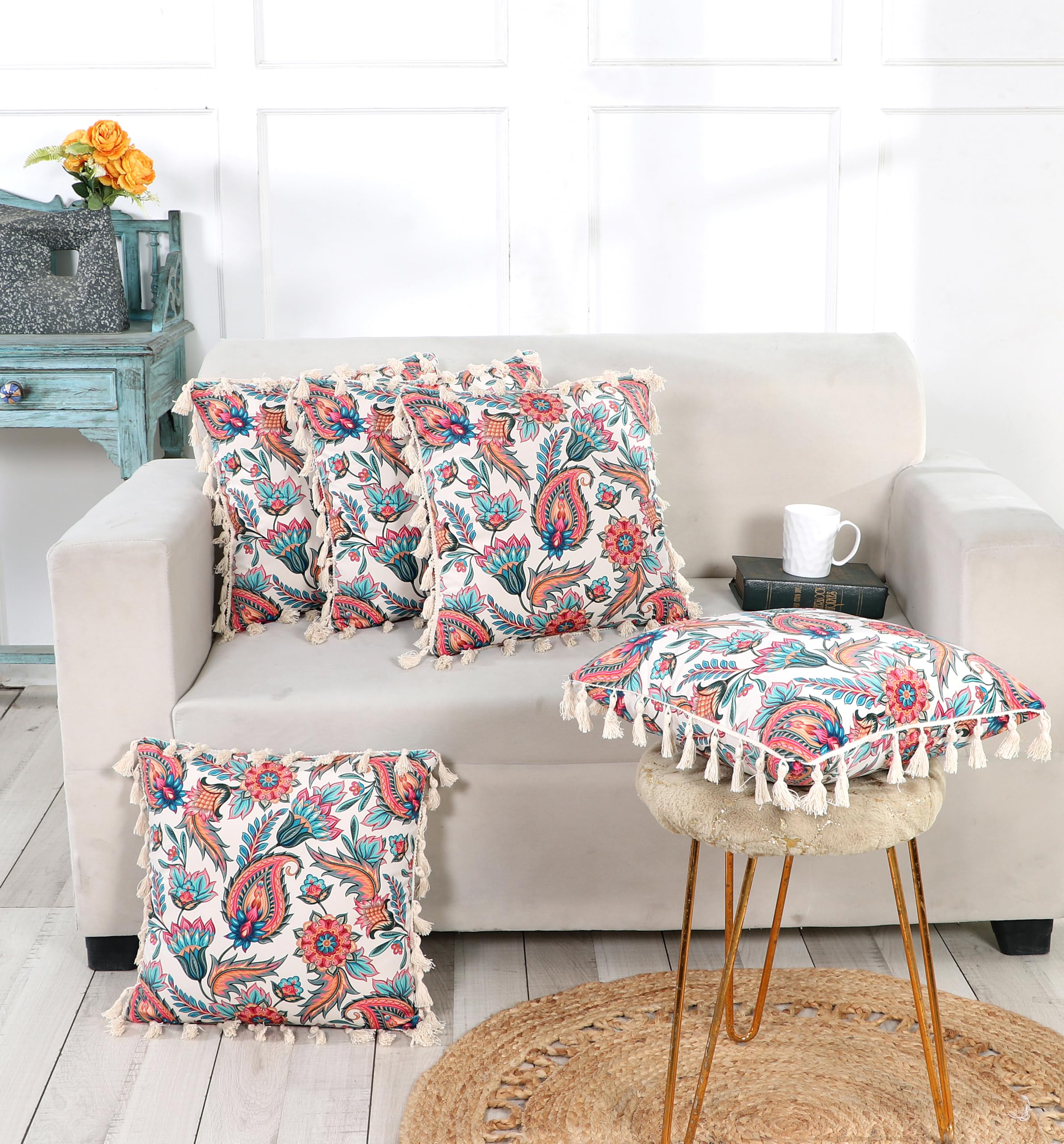 ishro home Premium Cushion Cover 18 inch x 18 inch | Set of 5 – Soft European Standard Fabric, Frill Design, Machine Washable | (5, Paisley Fiesta, 18x18 Inch)