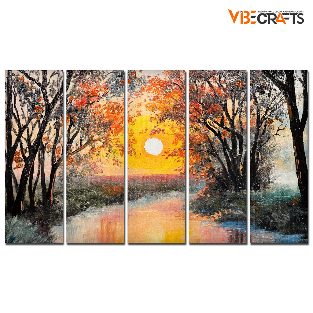 VIBECRAFTS Forest Sunset 5 Pieces Canvas Wall Painting For Home | Office | Living Room | Gift (PTVC5Pcs4_8511N)