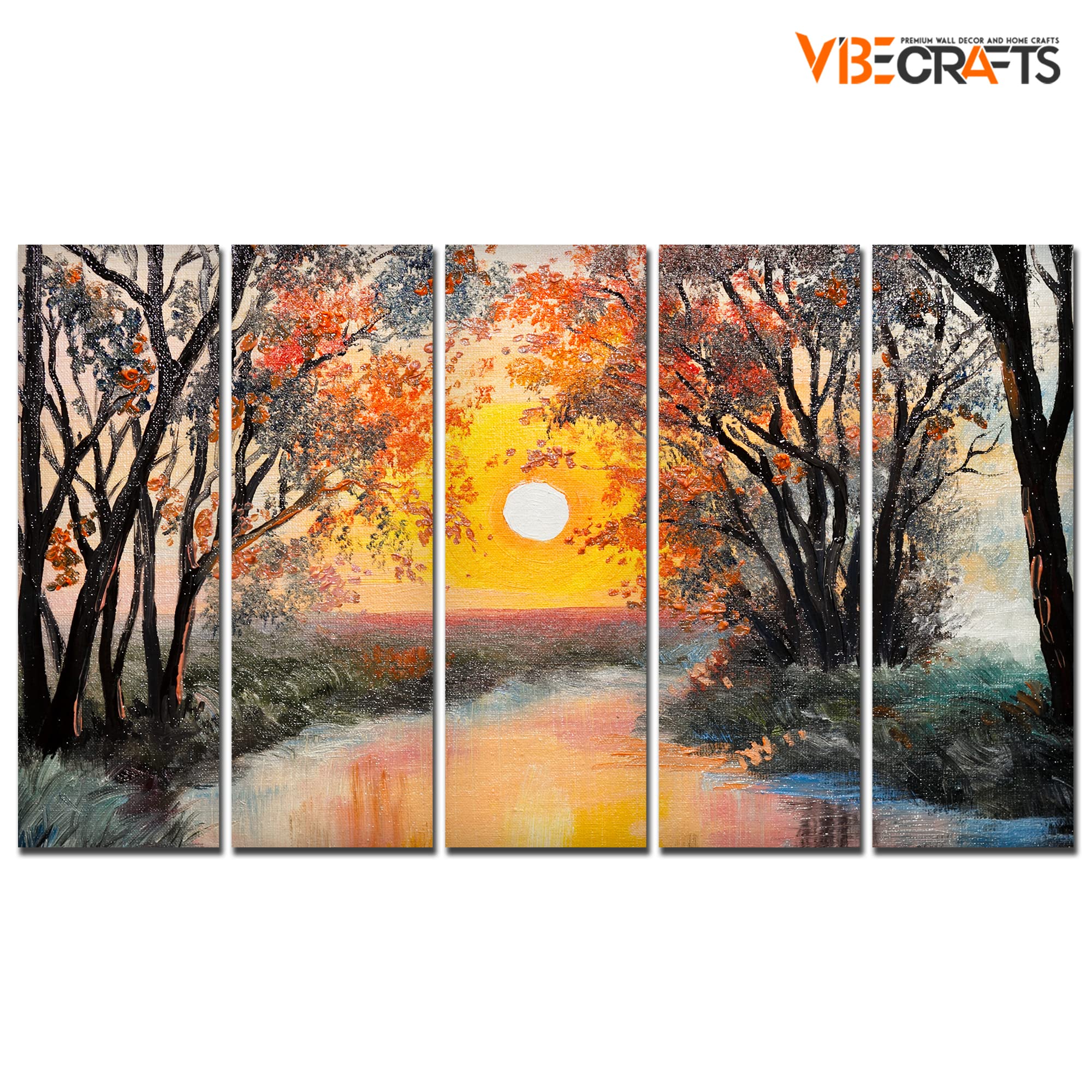 VIBECRAFTS Forest Sunset 5 Pieces Canvas Wall Painting For Home | Office | Living Room | Gift (PTVC5Pcs4_8511N)