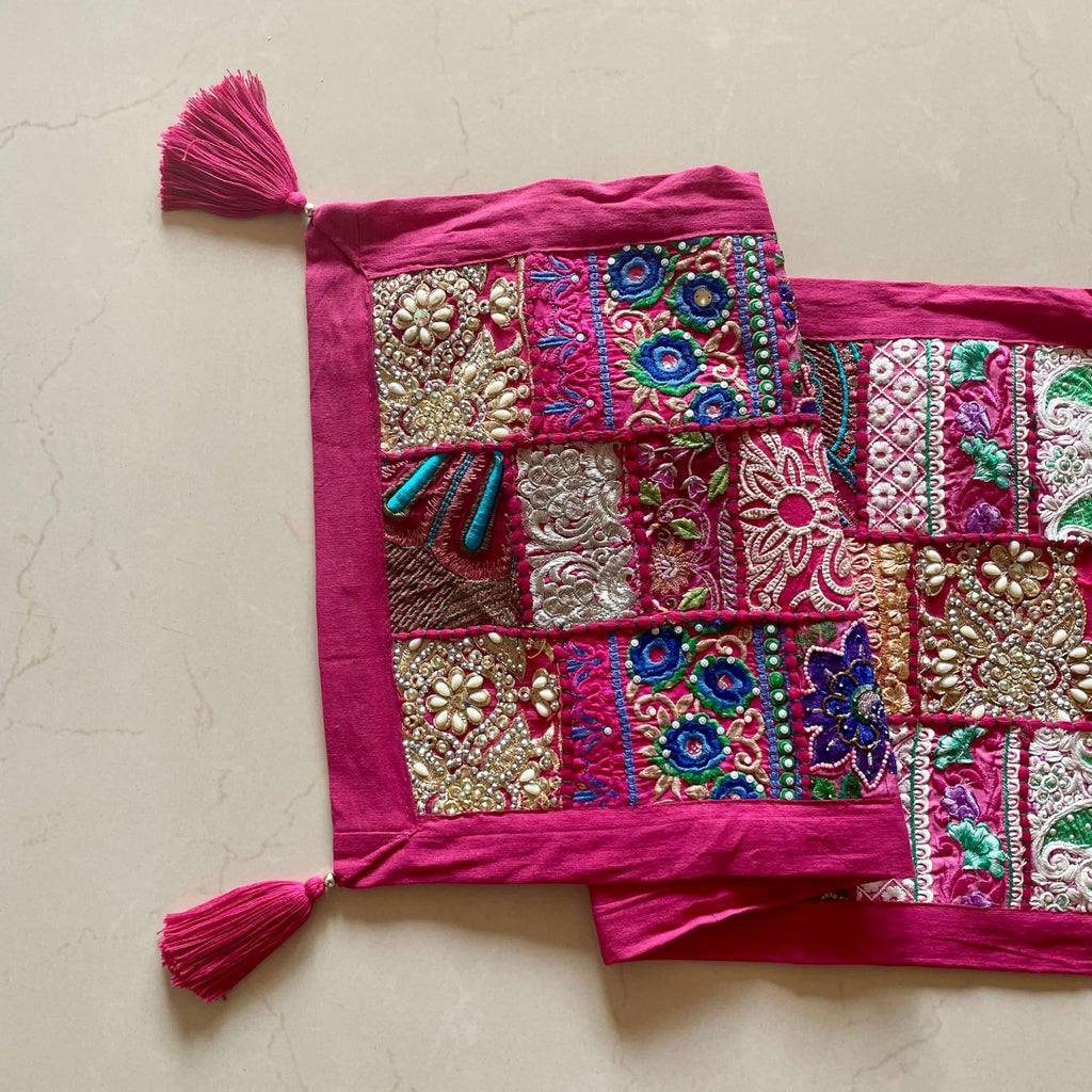 ATRANGI STUDIO Patchwork Table Runner | Traditional Rajasthani Khambadiya Craft | Handmade Dining Table Runner for Home Decor | Colourful Dining Setup | 14x60 Inch, Pink