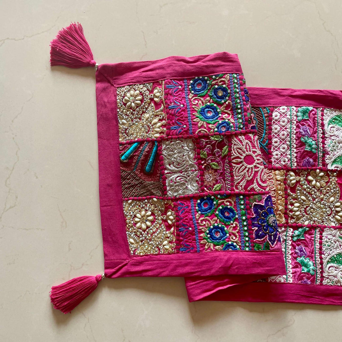 ATRANGI STUDIO Patchwork Table Runner | Traditional Rajasthani Khambadiya Craft | Handmade Dining Table Runner for Home Decor | Colourful Dining Setup | 14x60 Inch, Pink