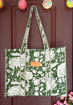 Cotton Tote bag for Women | Shoulder Bag | Reversible Bag | Durable Shopping bag | Reusable Grocery Bags | Eco friendly Bags| Handmade Cotton Bag | Stylish Quilted handBag (Dark Geen White)