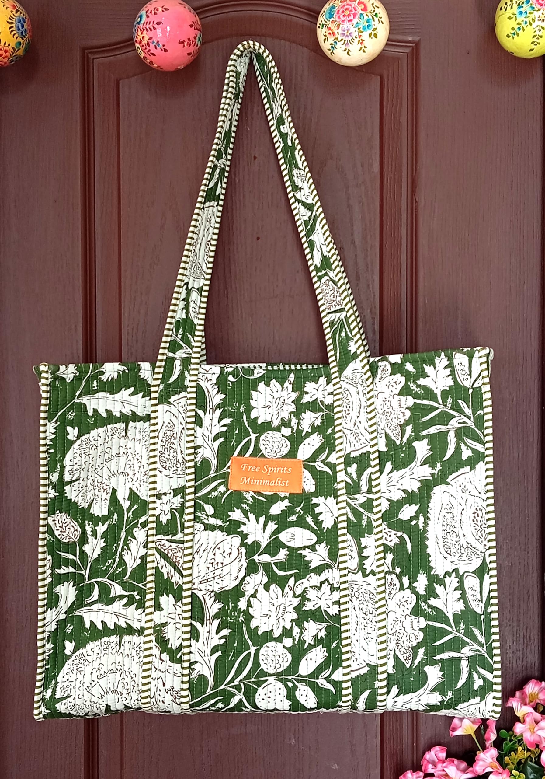 Cotton Tote bag for Women | Shoulder Bag | Reversible Bag | Durable Shopping bag | Reusable Grocery Bags | Eco friendly Bags| Handmade Cotton Bag | Stylish Quilted handBag (Dark Geen White)