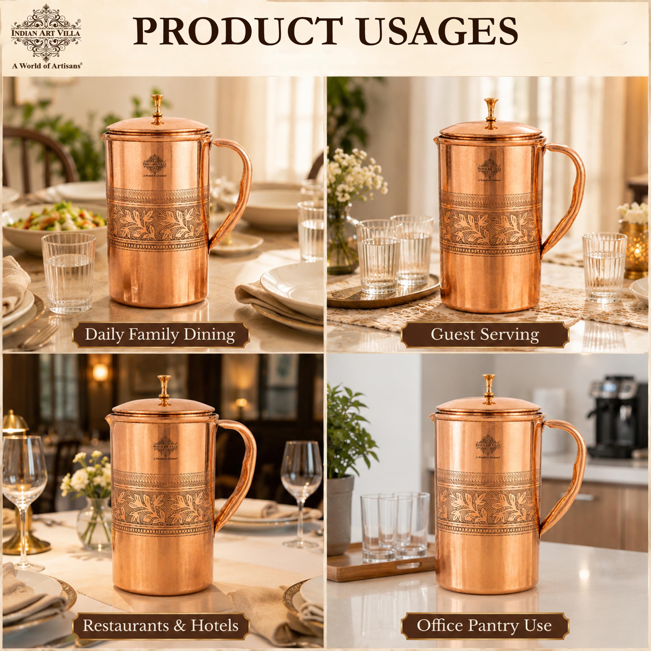 Indian Art Villa Embossed Design Copper Jug Pitcher, Serveware & Drinkware, Beneficial for Health, 1500 ML