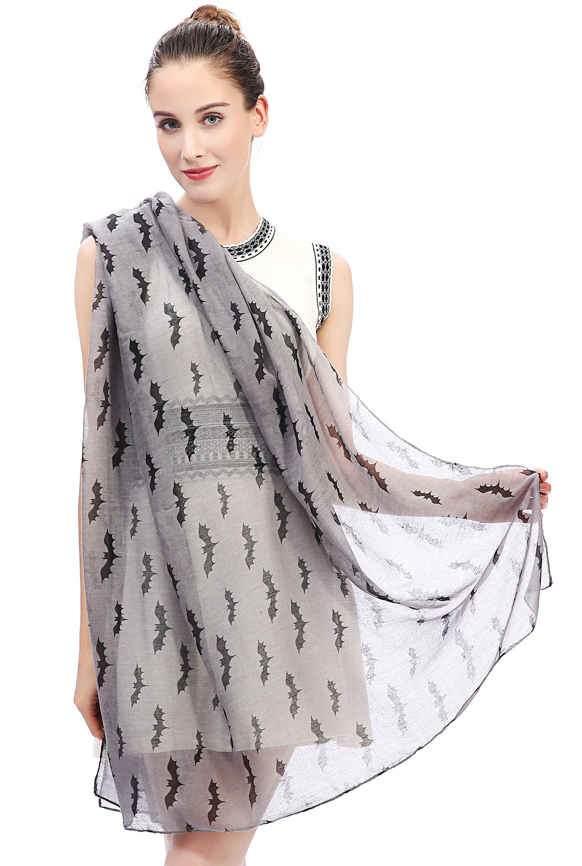 Lina & Lily Halloween Bats Print Women's Large Scarf Shawl Wrap Oversized Lightweight (Grey)
