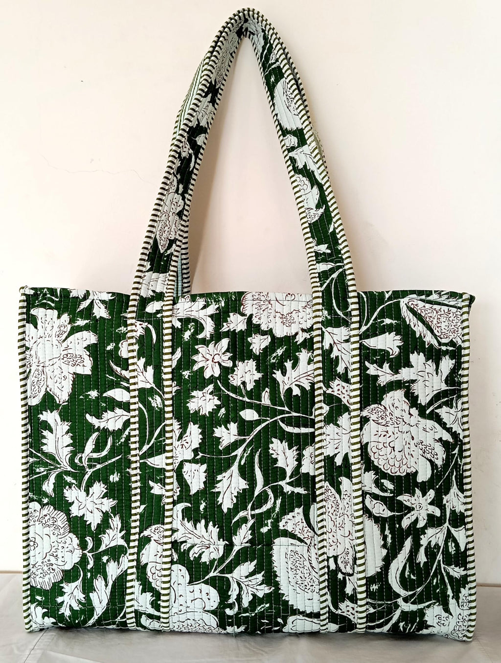 Cotton Tote bag for Women | Shoulder Bag | Reversible Bag | Durable Shopping bag | Reusable Grocery Bags | Eco friendly Bags| Handmade Cotton Bag | Stylish Quilted handBag (Dark Geen White)