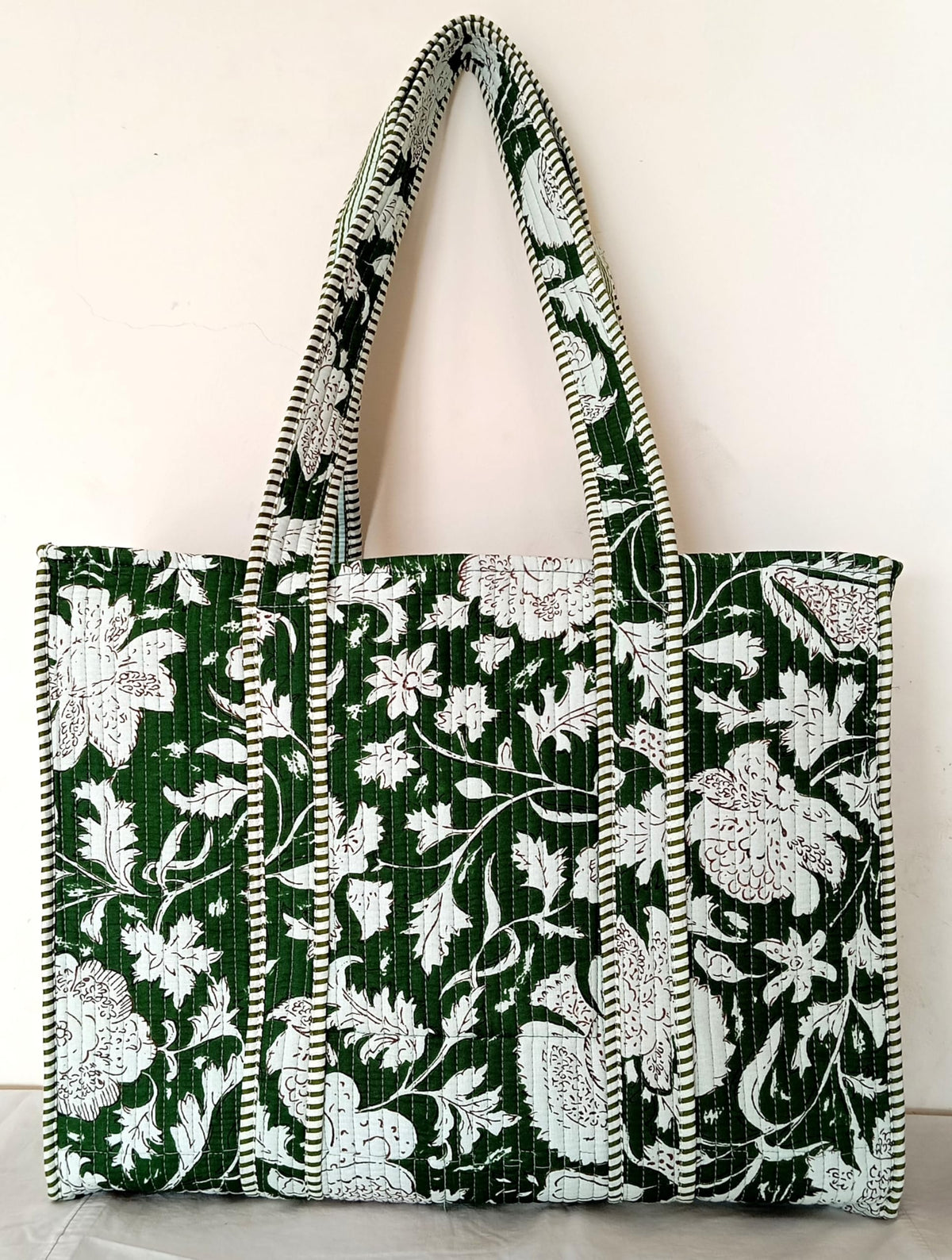 Cotton Tote bag for Women | Shoulder Bag | Reversible Bag | Durable Shopping bag | Reusable Grocery Bags | Eco friendly Bags| Handmade Cotton Bag | Stylish Quilted handBag (Dark Geen White)