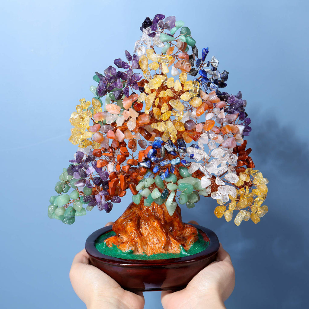 Top Plaza 7 Chakra Healing Crystal Money Tree 10 Inch Stone Bonsai Tree Feng Shui Good Luck Wealth Tree Decor Business Gift for Office Home Living Room