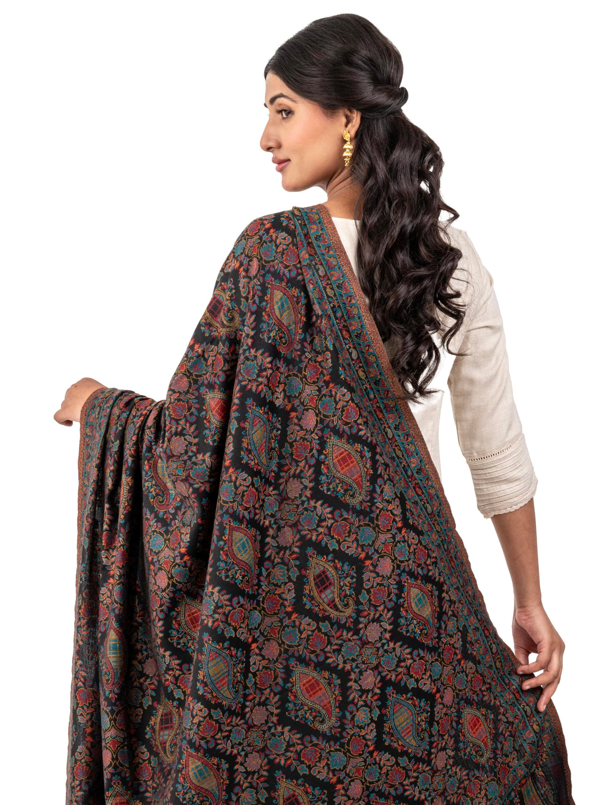 Naureen Women Faux Pashmina Kani Shawl with Paisley Artwork, Warm and Soft, 40x80 inch