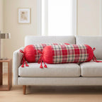 SAJAVAT HOME Red Check Bolster Pillow Cover Set of 2 | 32x15 Inch Side Cushion Covers with Adjustable Ties for Sofa, Couch, Bed & Diwan