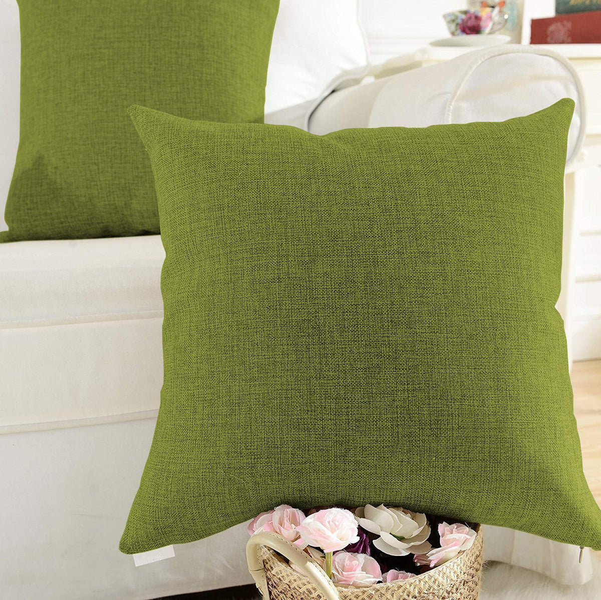 Khooti Jute Cushion Cover, Throw Pillow Cover for Couches, Chairs, Sofas, Beds, Coffee Tables, Living Rooms, Bedrooms, Modern Boho Design, 30x30 Inch | Mehandi | Set of 2
