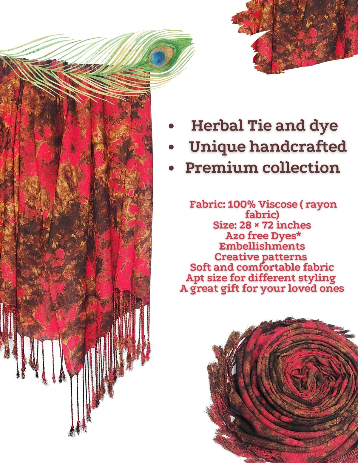 Chandwasia scarves, Viscose Rayon Fabric stole & Shawl || Scarf STOLE for Girls/Ladies/Women/Men for Summer & Winters - Deep Red With Brown