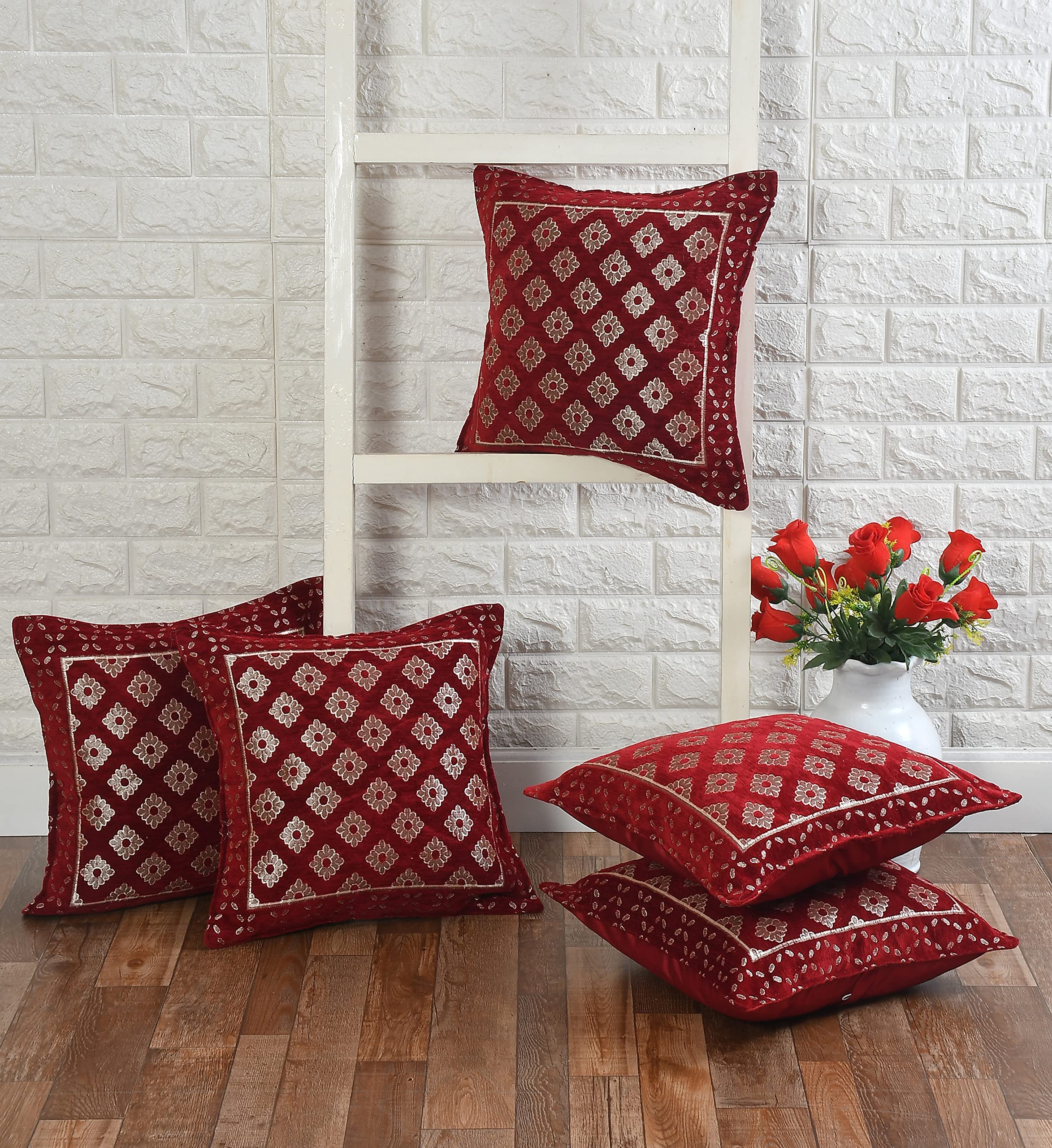 DECOMIZER Jacquard Geomteric Cushion Covers 16 Inch X 16 Inch Set Of 5 Ethnic Motifs 240 TC Cushion Covers,Design- Diamond,Color- Maroon