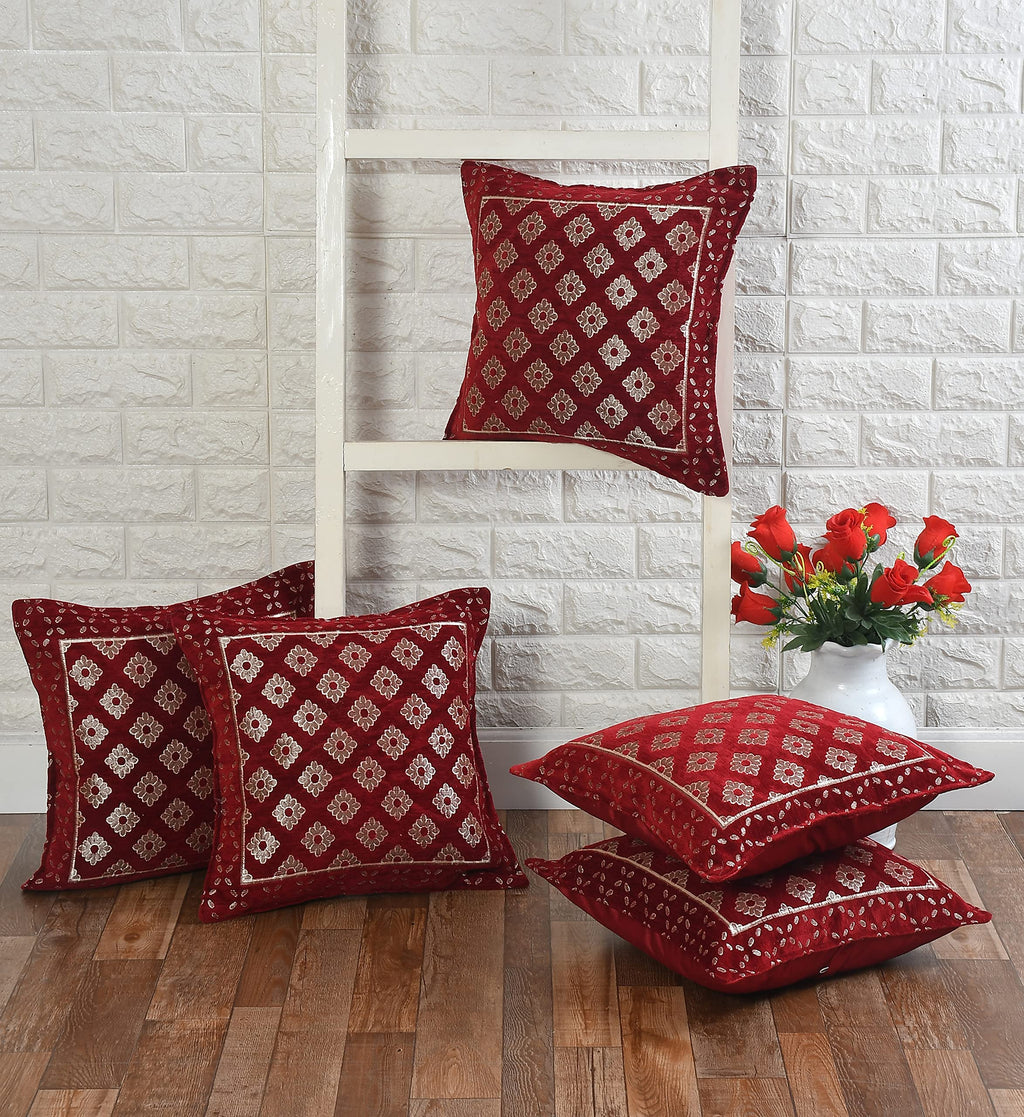 DECOMIZER Jacquard Geomteric Cushion Covers 24 Inch X 24 Inch Set Of 5 Ethnic Motifs 240 TC Cushion Covers,Design- Diamond,Color- Maroon
