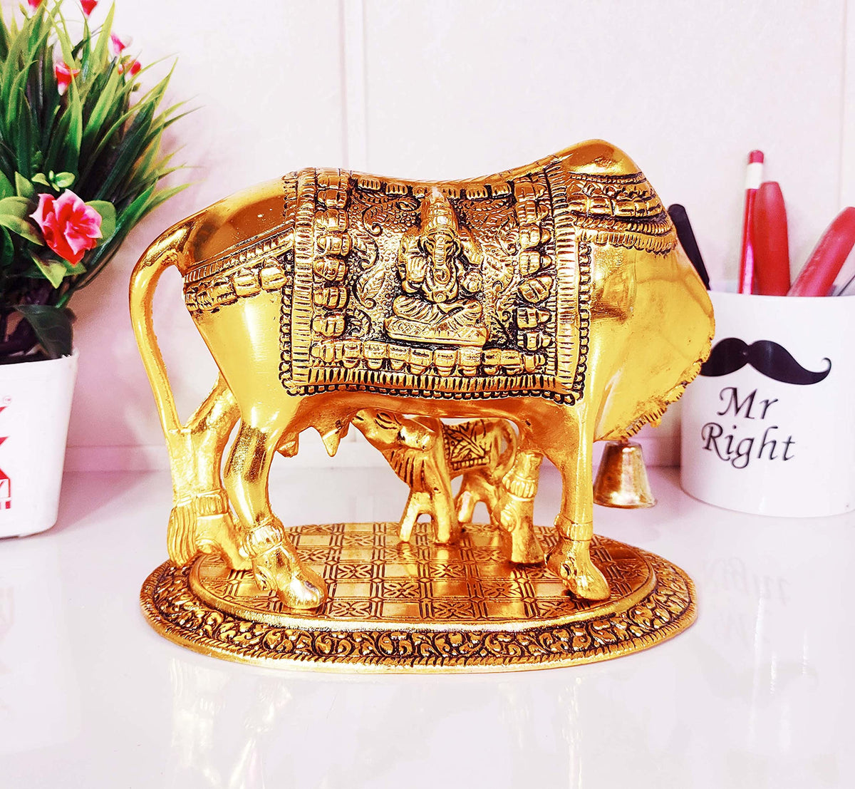 KridayKraft Kamdhenu Cow,Calf with Bal Gopal Krishna Metal Statue for Good Luck,Feng Shui As Table Top Figurine,Vastu,Religious Gau MATA Idol