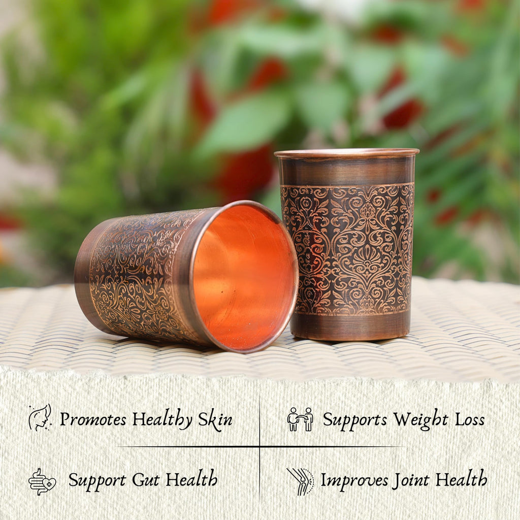 RUSTIC RELICS Pure Copper Handcrafted Glasses Set with Gift Box Set of 2 Antique Etching Design for Ayurveda Wellness | Elegant Ayurvedic Benefits | Perfect and Premium Gifting Hamper - 250ml