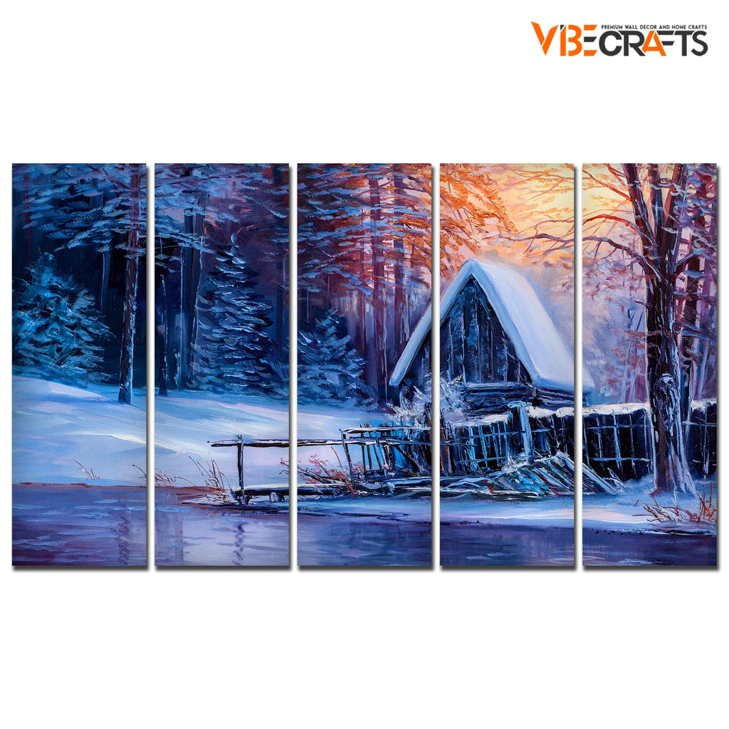 VIBECRAFTS Sunset In Winter 5 Pieces Canvas Wall Painting For Home | Office | Living Room | Gift (PTVC5Pcs4_8548)