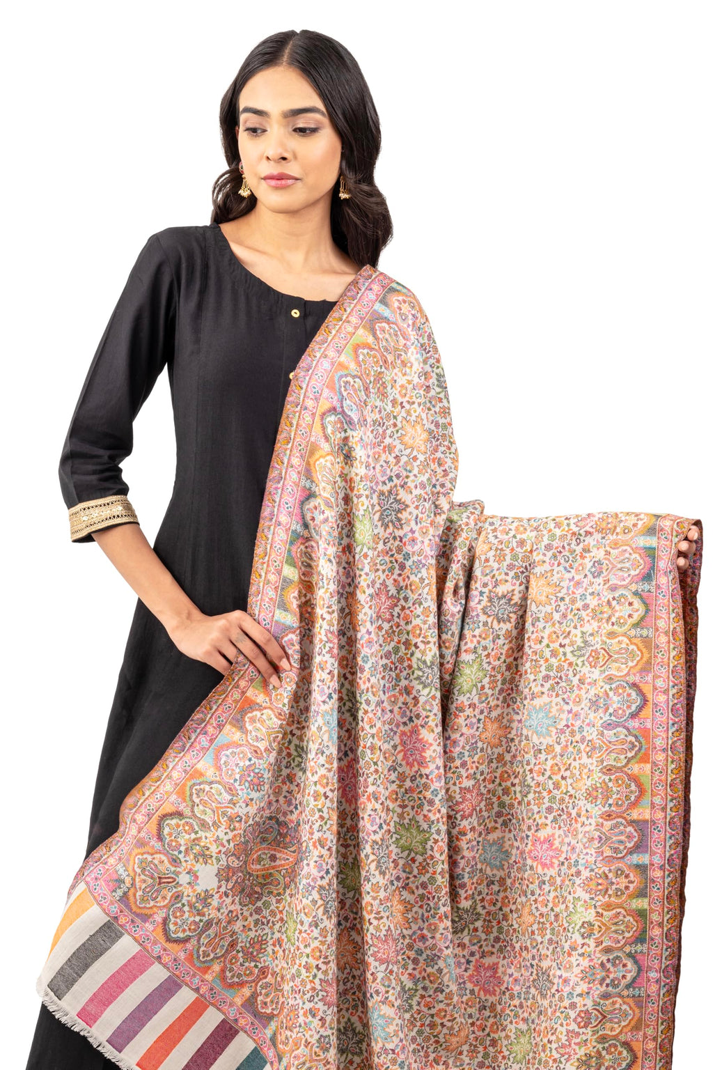 Naureen Women Pashmina Blend Kani Shawl with Floral Artwork, Warm and Soft, 40x80 inch