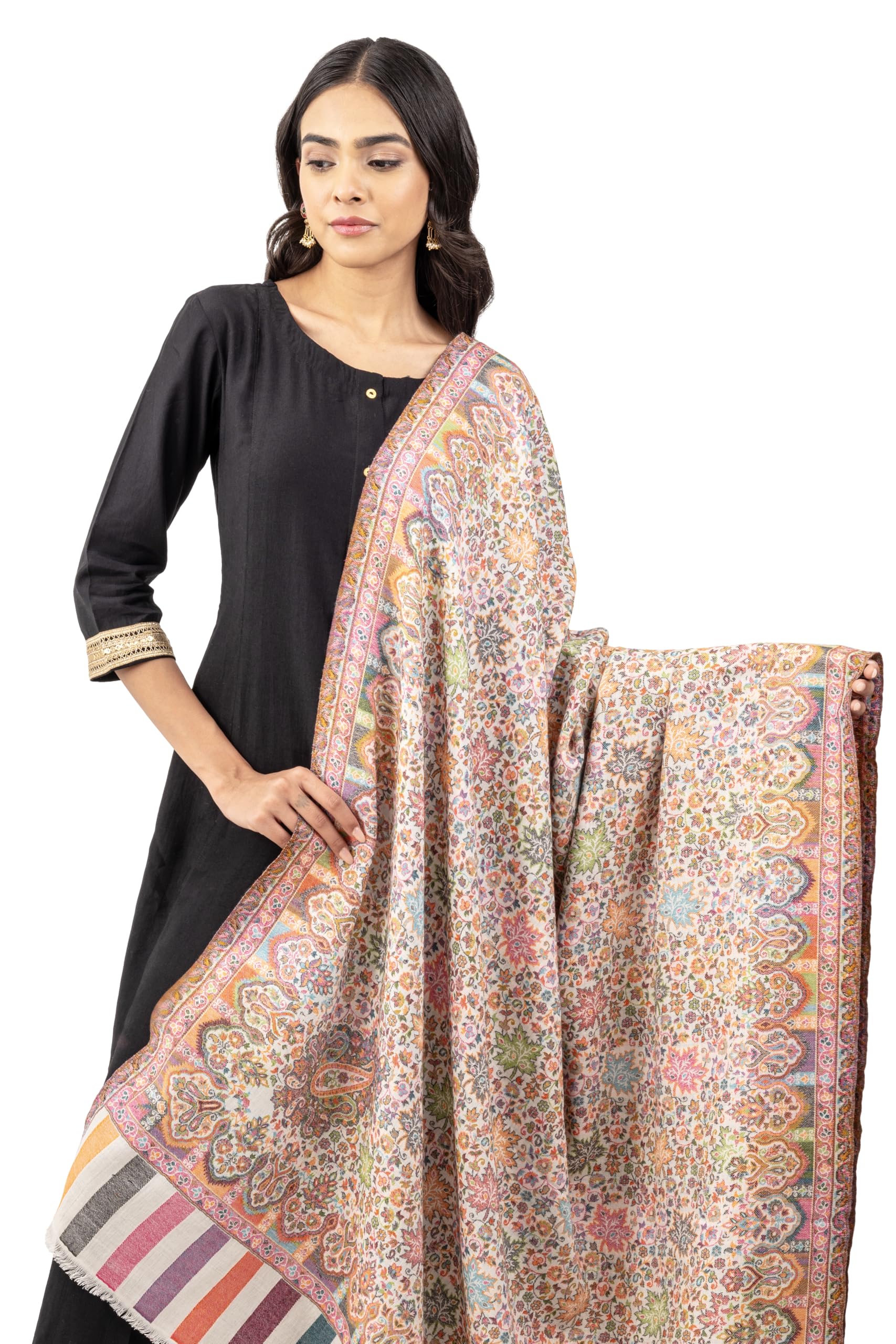 Naureen Women Pashmina Blend Kani Shawl with Floral Artwork, Warm and Soft, 40x80 inch