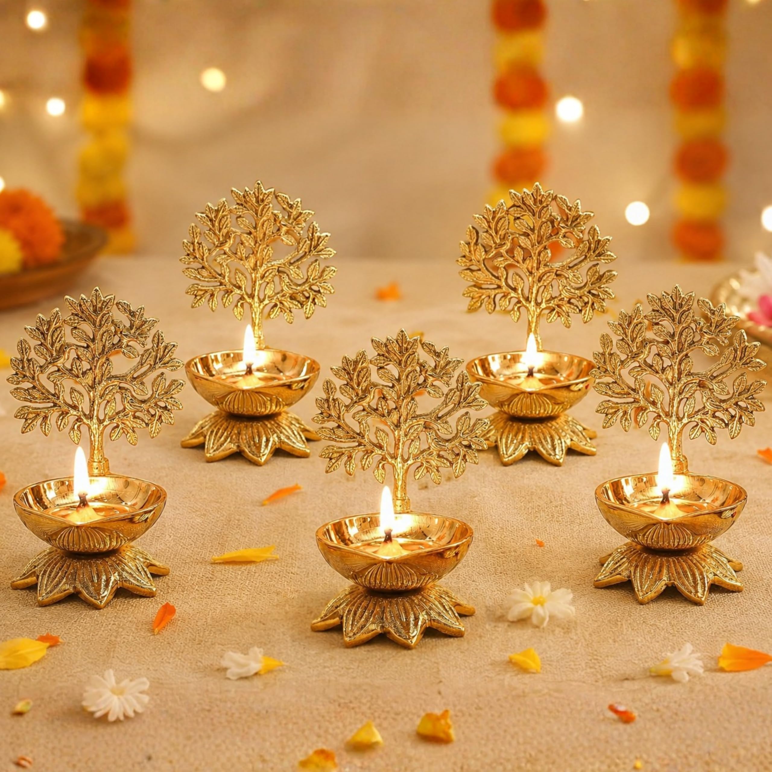 Behoma 100% Pure Brass Kalpvriksha Diya Set of 5 for Puja | Handcrafted Tree of Life Deepak for Mandir, Temple, Home Decor & Office | Decorative Brass Oil Lamp | Diwali Gift & Return Gift