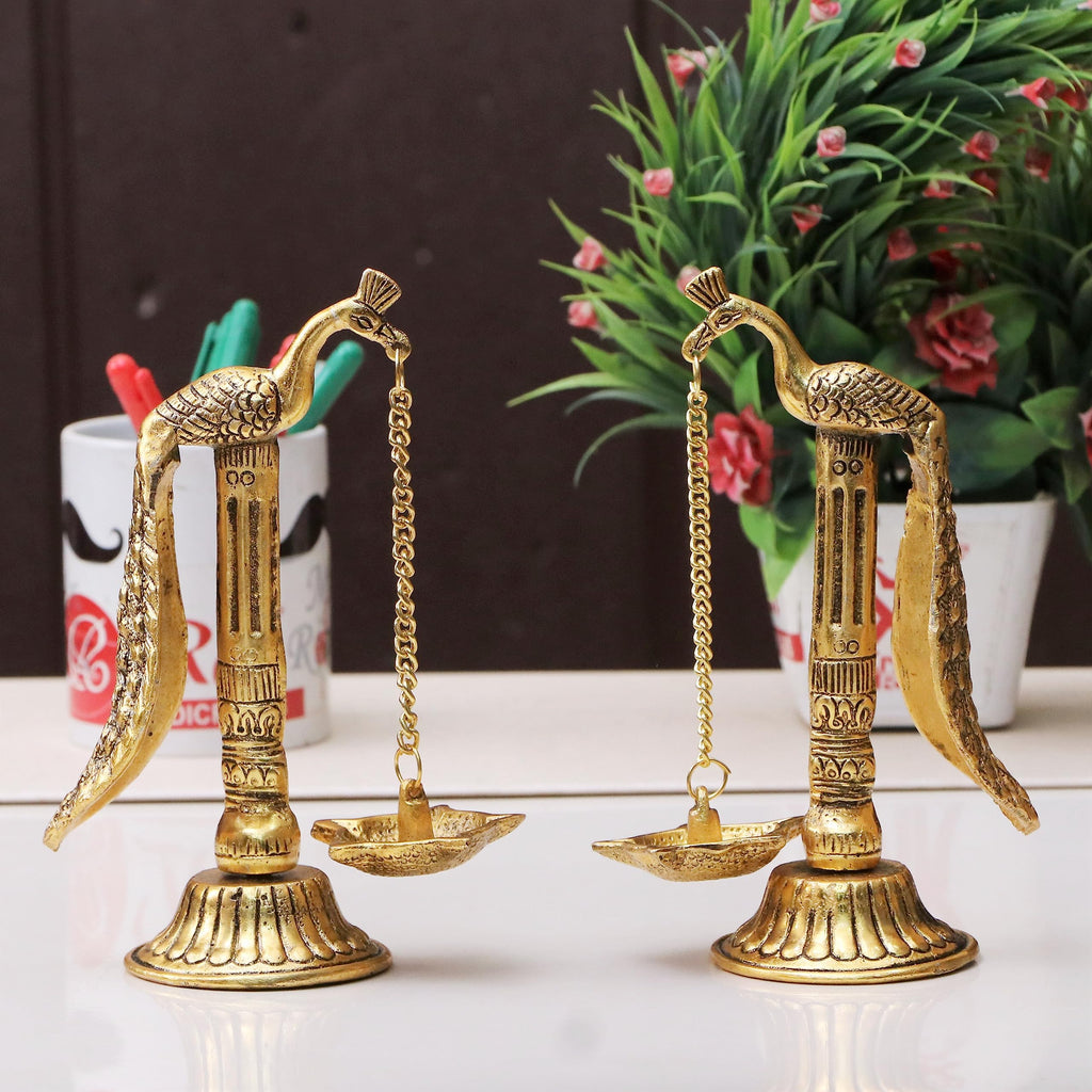Peacock Design Metal Hanging with Chain Diya Pair of Peacock Design Bird Diya Deepak Oil Lamp