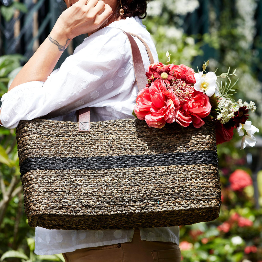 KADAM HAAT Shopper Bag With Leather Handle | Sabai Grass Handmade Stylish Eco-Friendly Multipurpose Babui HandBag for Women | Suitable for Travel or Work (Black)