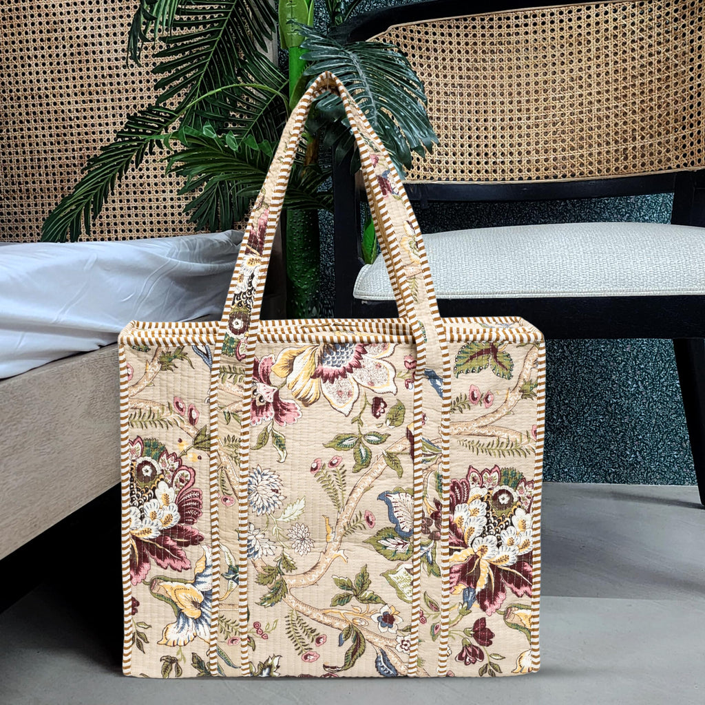 MITTICO Quilted Cotton Tote Bag – Handmade Large Travel Shoulder Bag with Zipper & Pockets – Lightweight, Durable & Stylish for Daily Use (Beige Botanica)