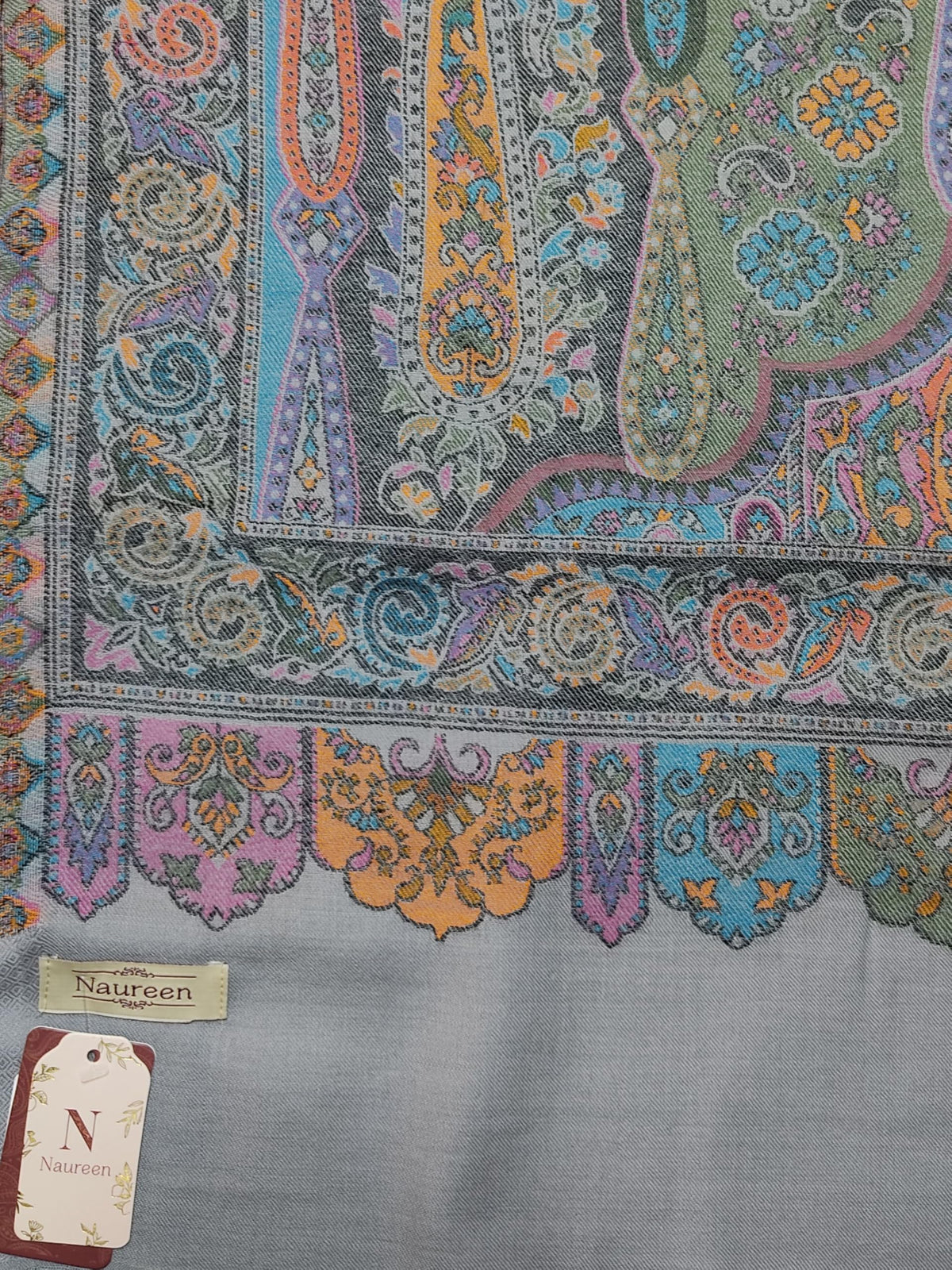 Naureen Women Pashmina Blend Kani Shawl with Paisley and Floral Artwork, Warm and Soft, 40x80 inches (Grey)