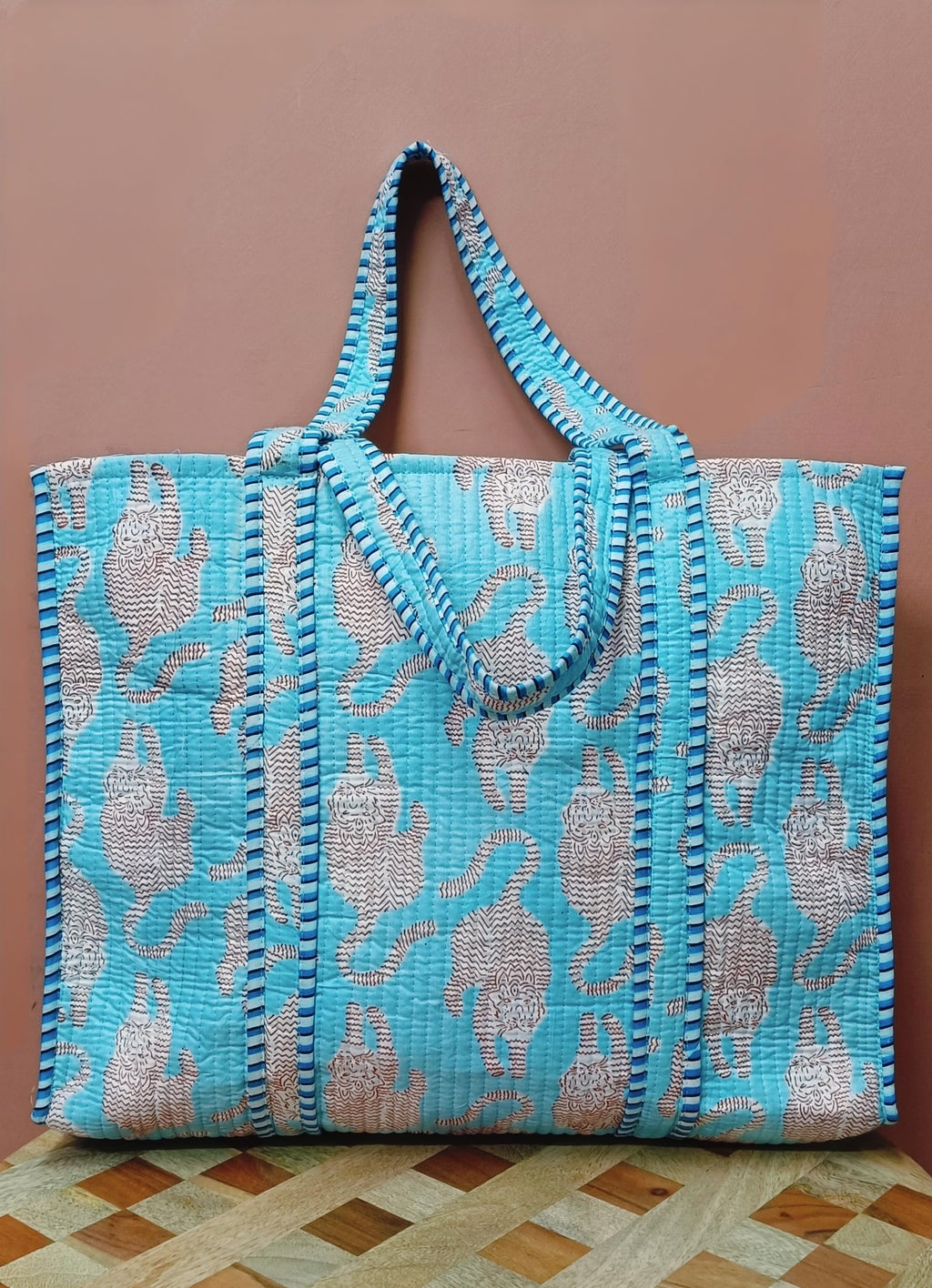 HOUSE OF GULAB Tote Bag with Long Handler & Inside Pocket (Blue & Red)