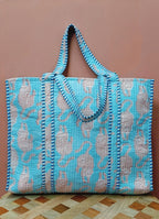 HOUSE OF GULAB Tote Bag with Long Handler & Inside Pocket (Blue & Red)