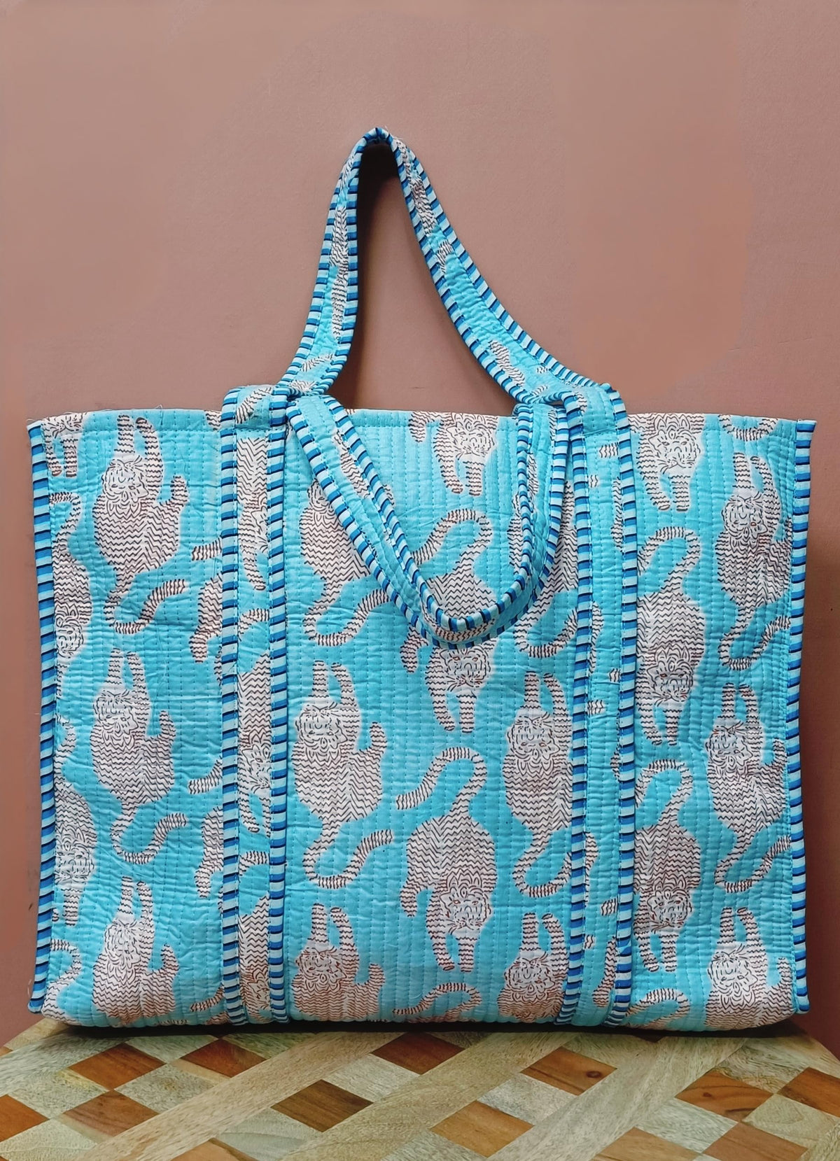 HOUSE OF GULAB Tote Bag with Long Handler & Inside Pocket (Blue & Red)