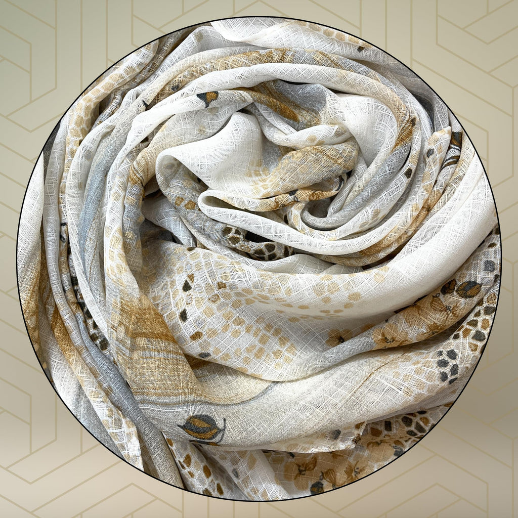 FAHABO Scarf Woman Floral Print Premium Mal Mal Textured Cotton Scarves with Tassels | Hijab Scarf | Headscarf | Neck Scarf | Stoles | Wraps | Size 71 L x 33 W (Elegance Grey, Mustard)