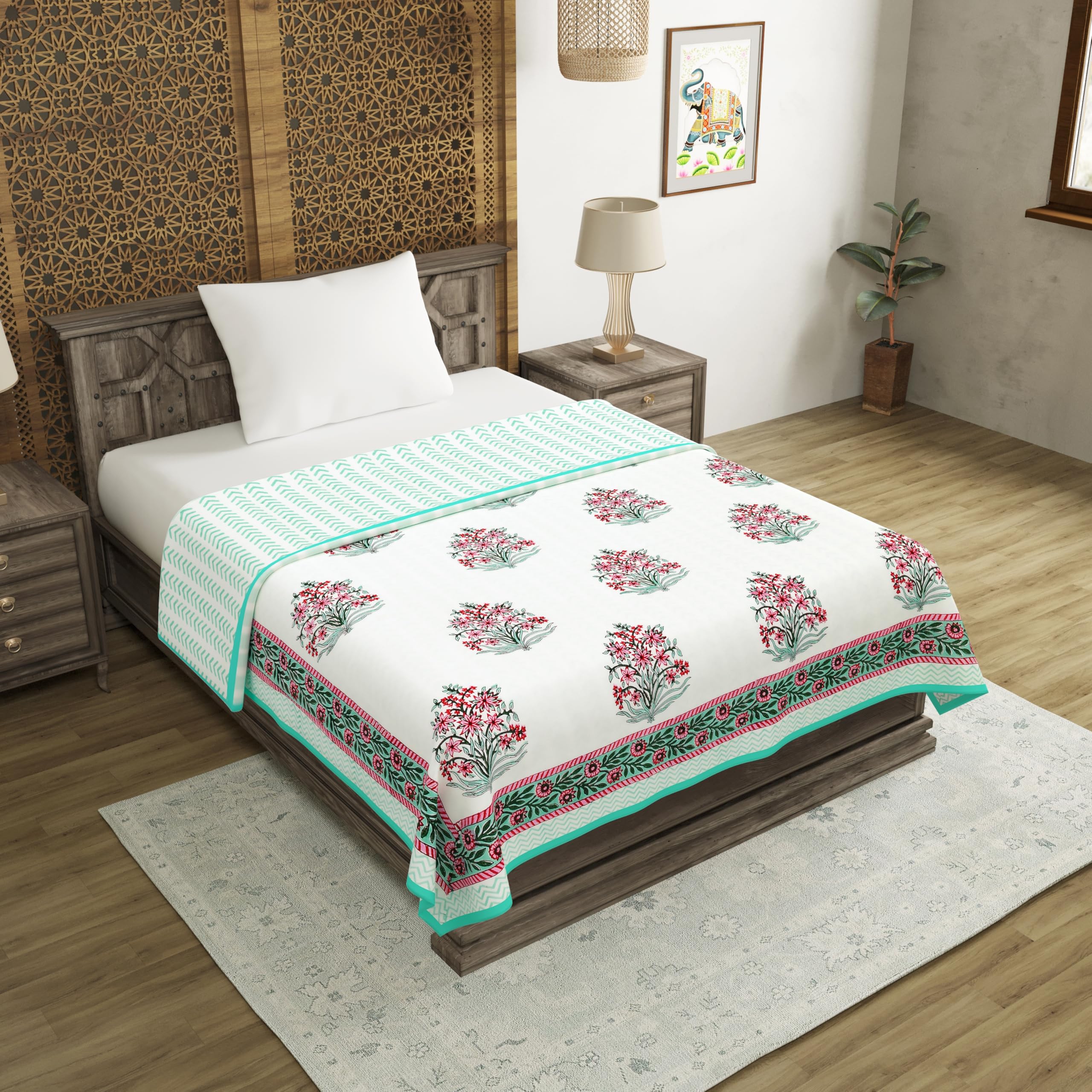 BLOCKS OF INDIA Hand Block Printed Cotton Single Size Reversible Malmal Dohar for Summer (Green Pink GAMLA) Kafalo