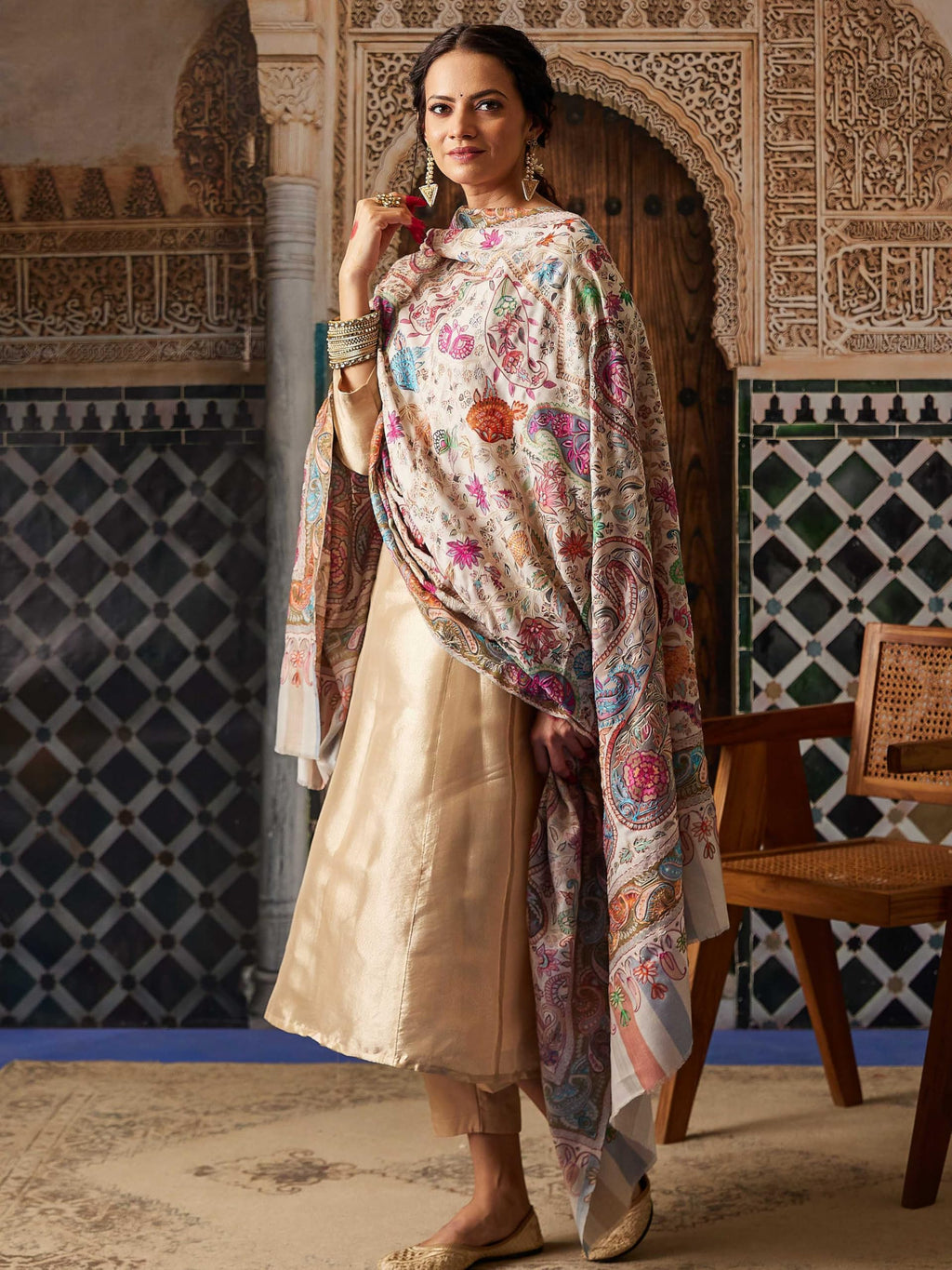 Pashmoda Women Naaz Fine Wool Fabric Pashmina Kalamkari Embroidered Shawl, Stole and Wrap, Sustainable and Natural Fabric, Heritage Kashmiri Pashmina(Size 40x80)
