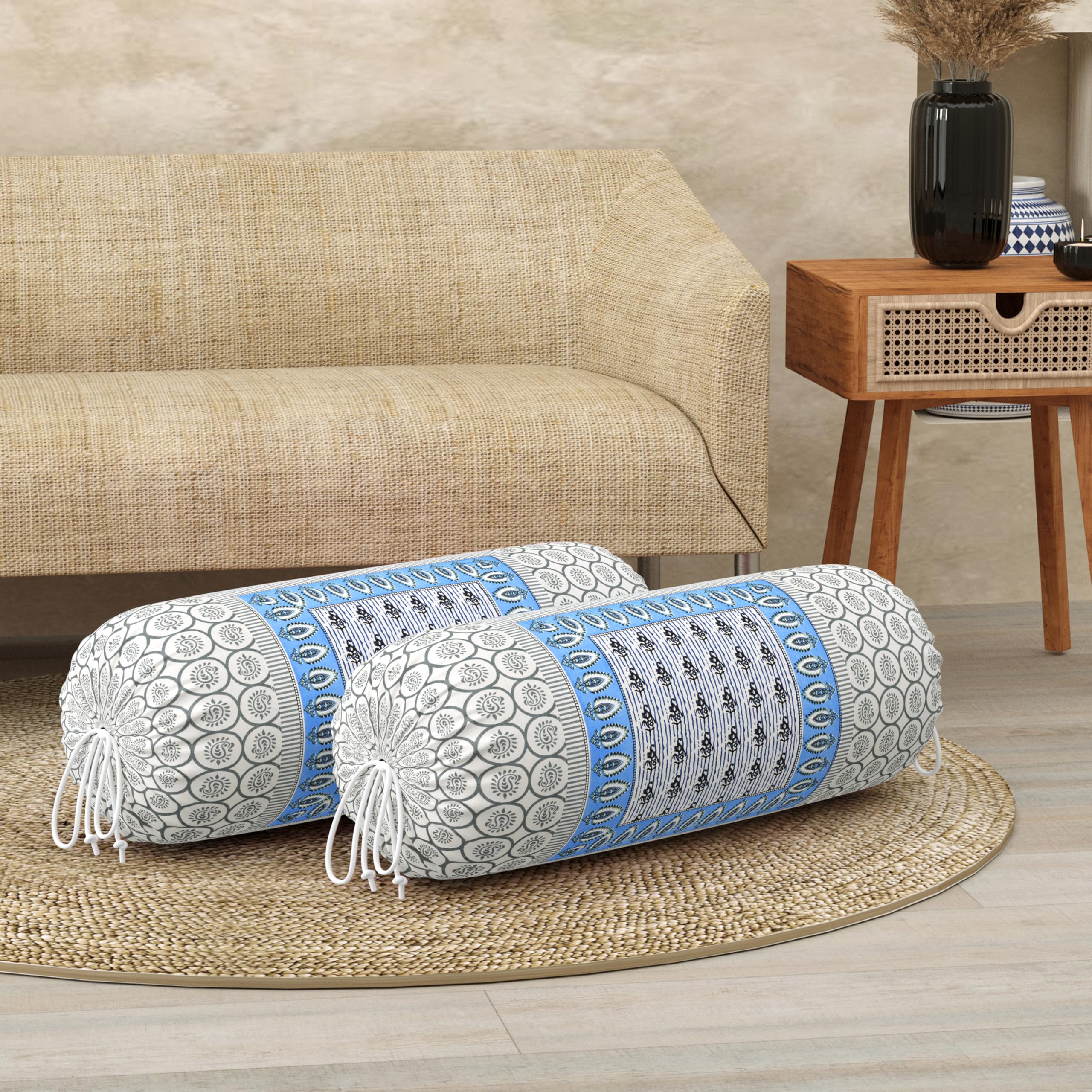 BLOCKS OF INDIA Cotton Hand Block Printed Bolster Cover | Booster Cover with Drawstring | Round Long Pillow Cover for Bed | Dewan Pillow Cover Set 16 X 32 | Set of 2 (Color 34)